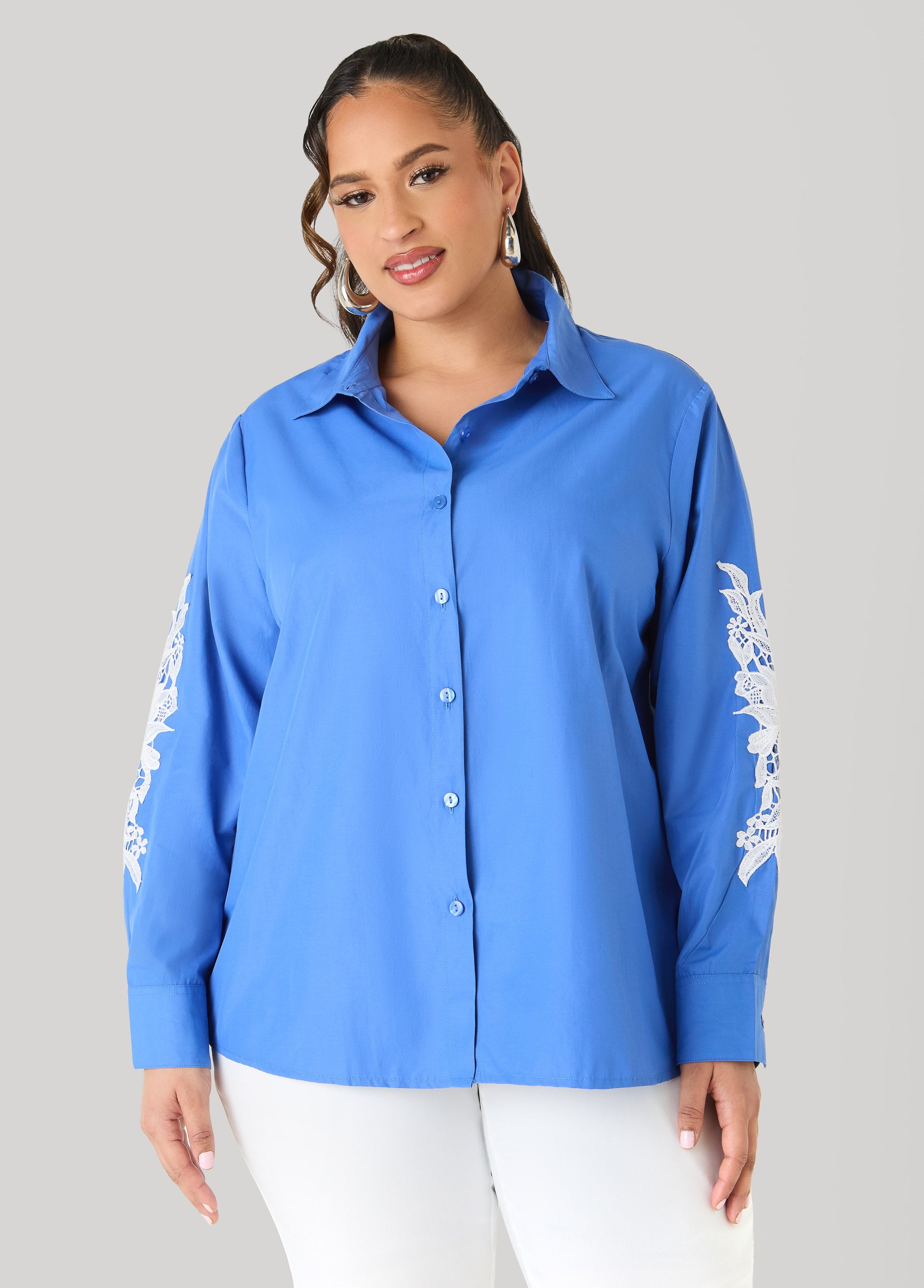 Applique Cotton Blend Shirt Blue | Ashley Stewart