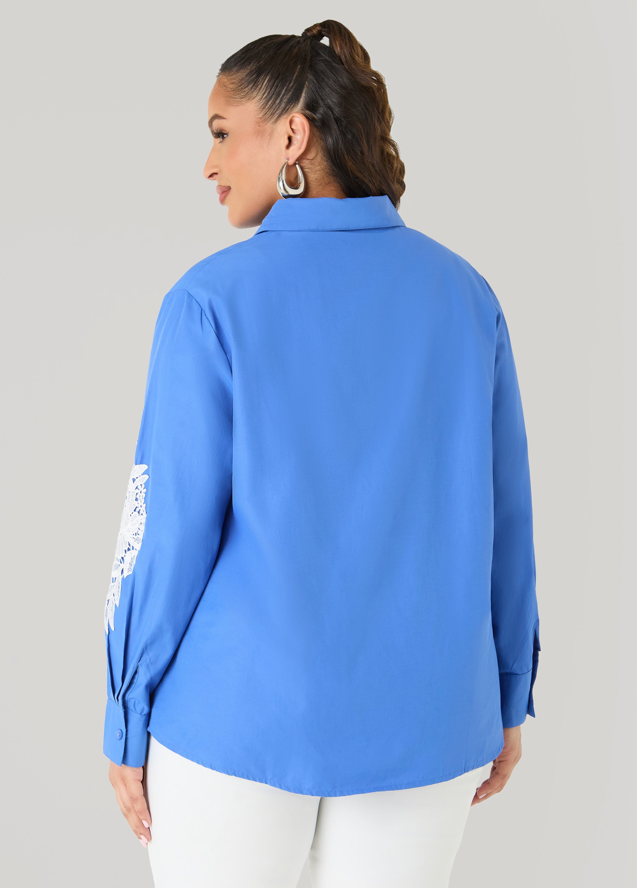 Applique Cotton Blend Shirt Blue | Ashley Stewart