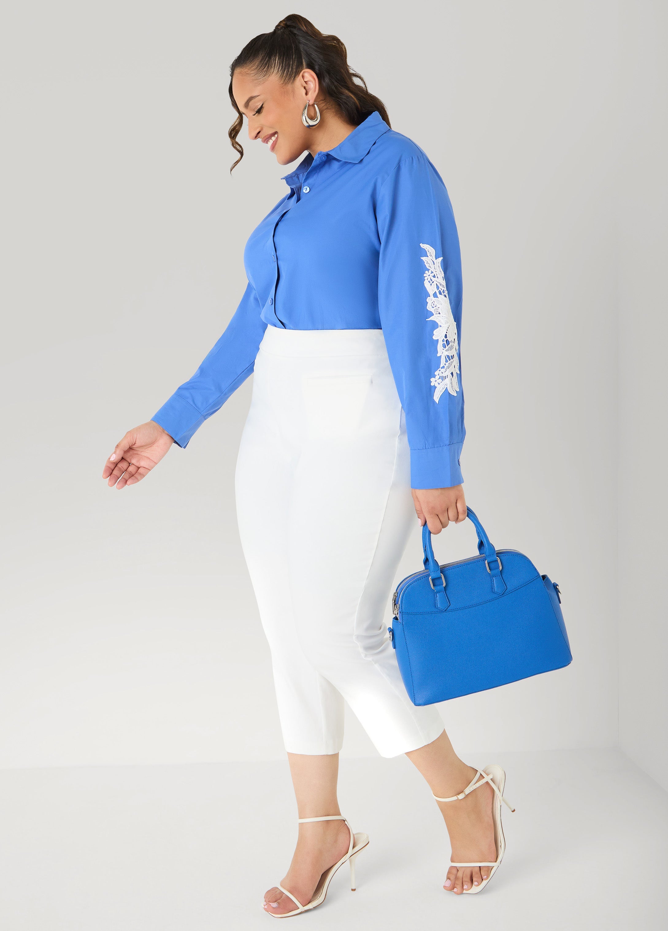 Applique Cotton Blend Shirt Blue | Ashley Stewart