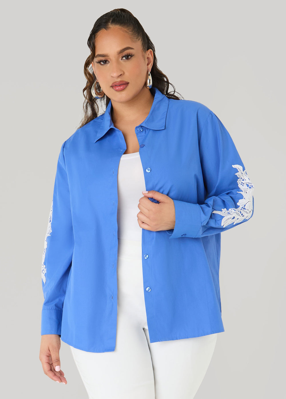 Applique Cotton Blend Shirt Blue | Ashley Stewart