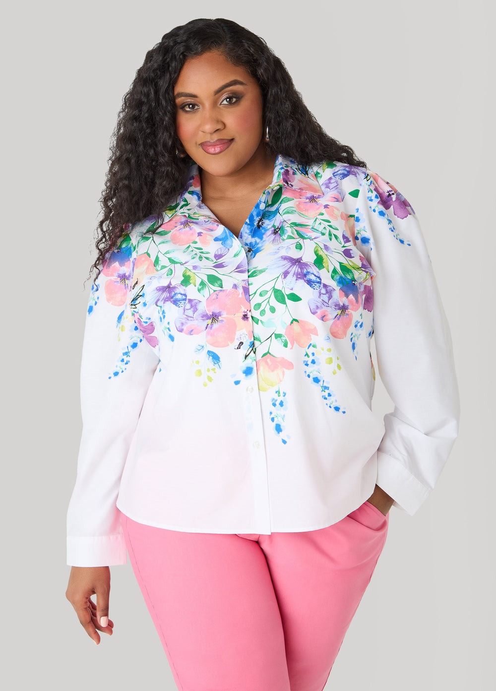 Floral Print Cotton Blend Shirt White | Ashley Stewart