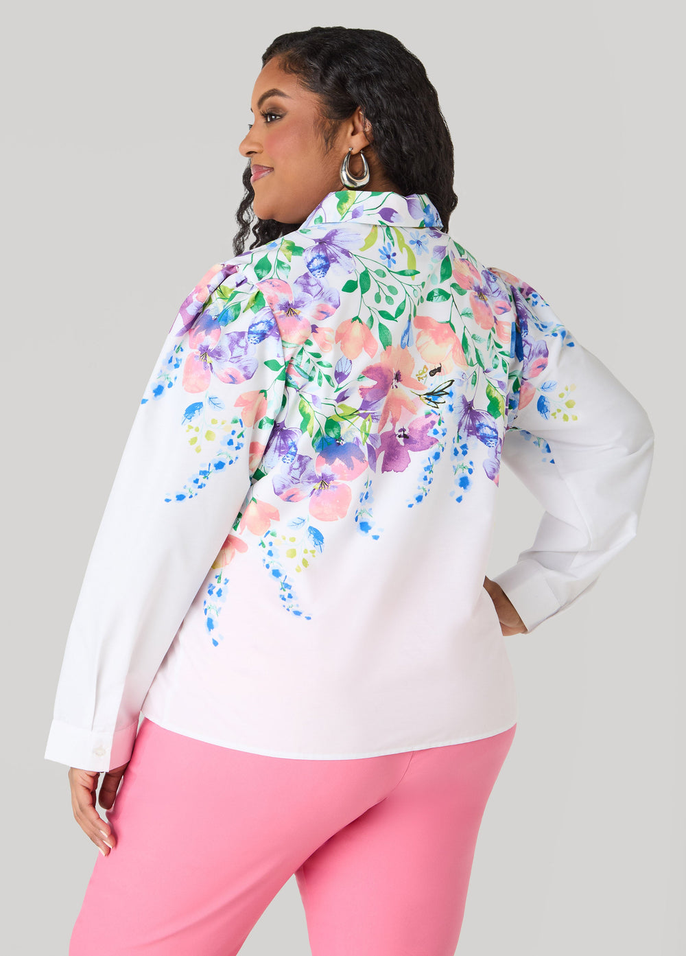 Floral Print Cotton Blend Shirt White | Ashley Stewart
