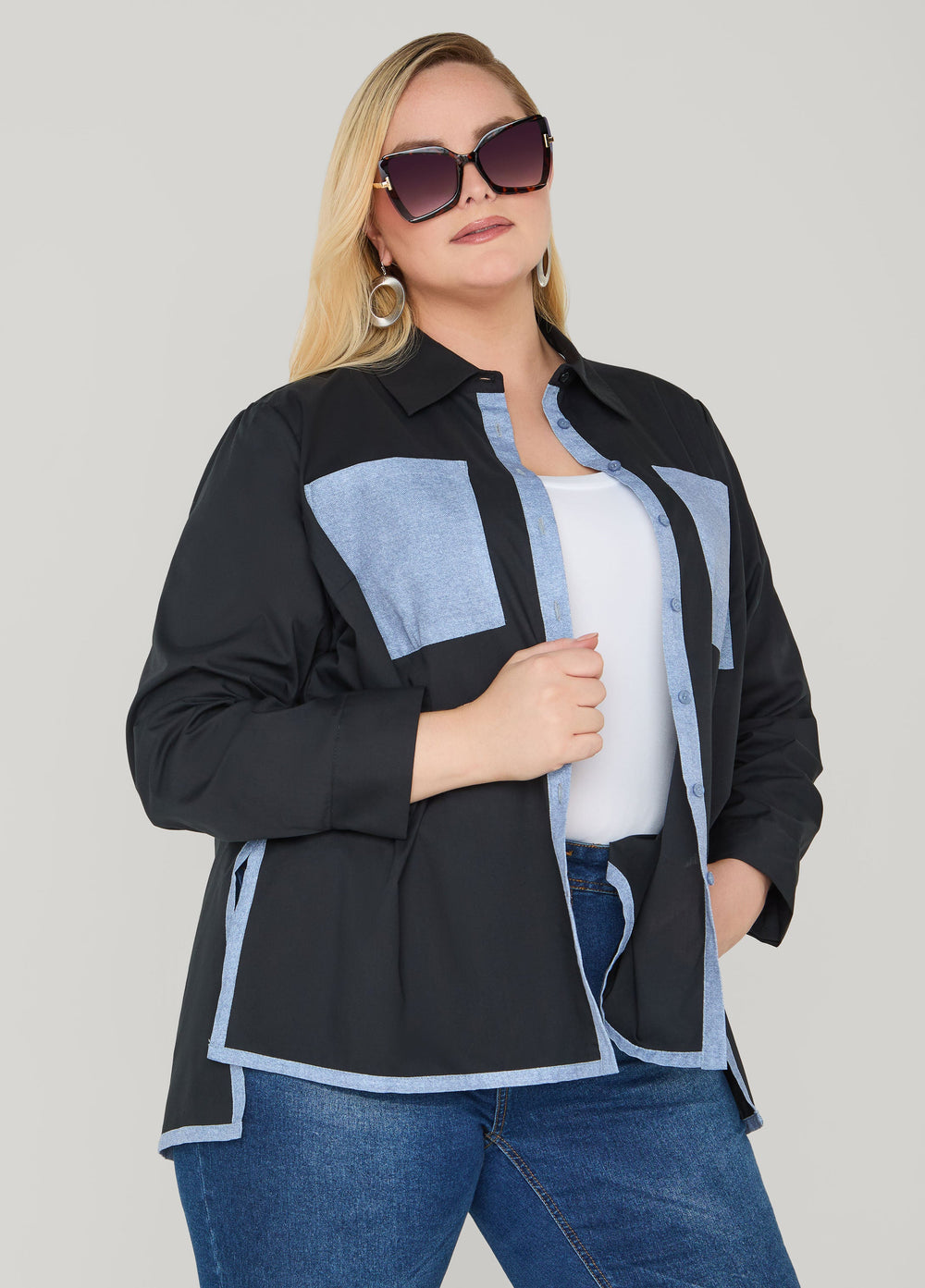 Denim Print Paneled Hi Low Shirt Black | Ashley Stewart