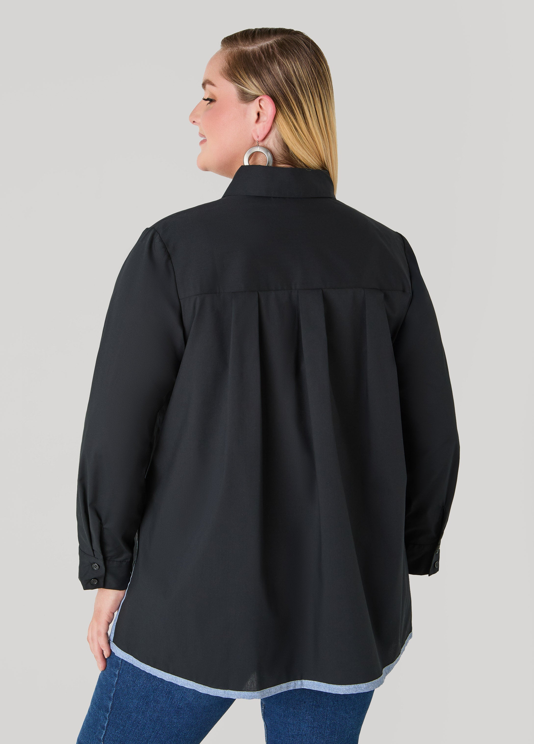 Denim Print Paneled Hi Low Shirt Black | Ashley Stewart