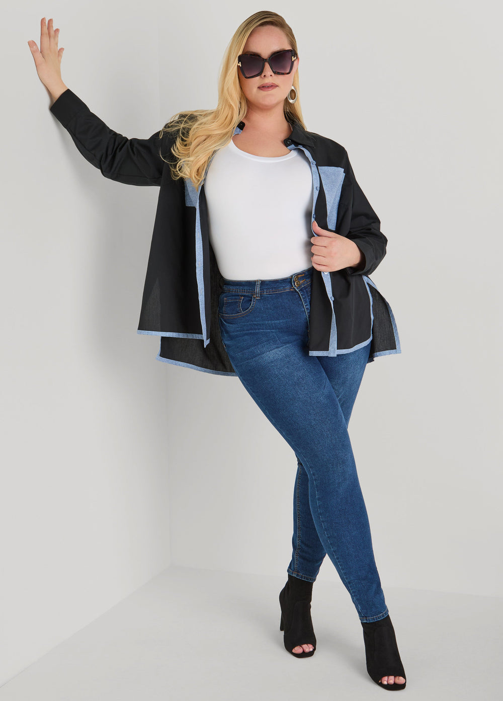 Denim Print Paneled Hi Low Shirt Black | Ashley Stewart