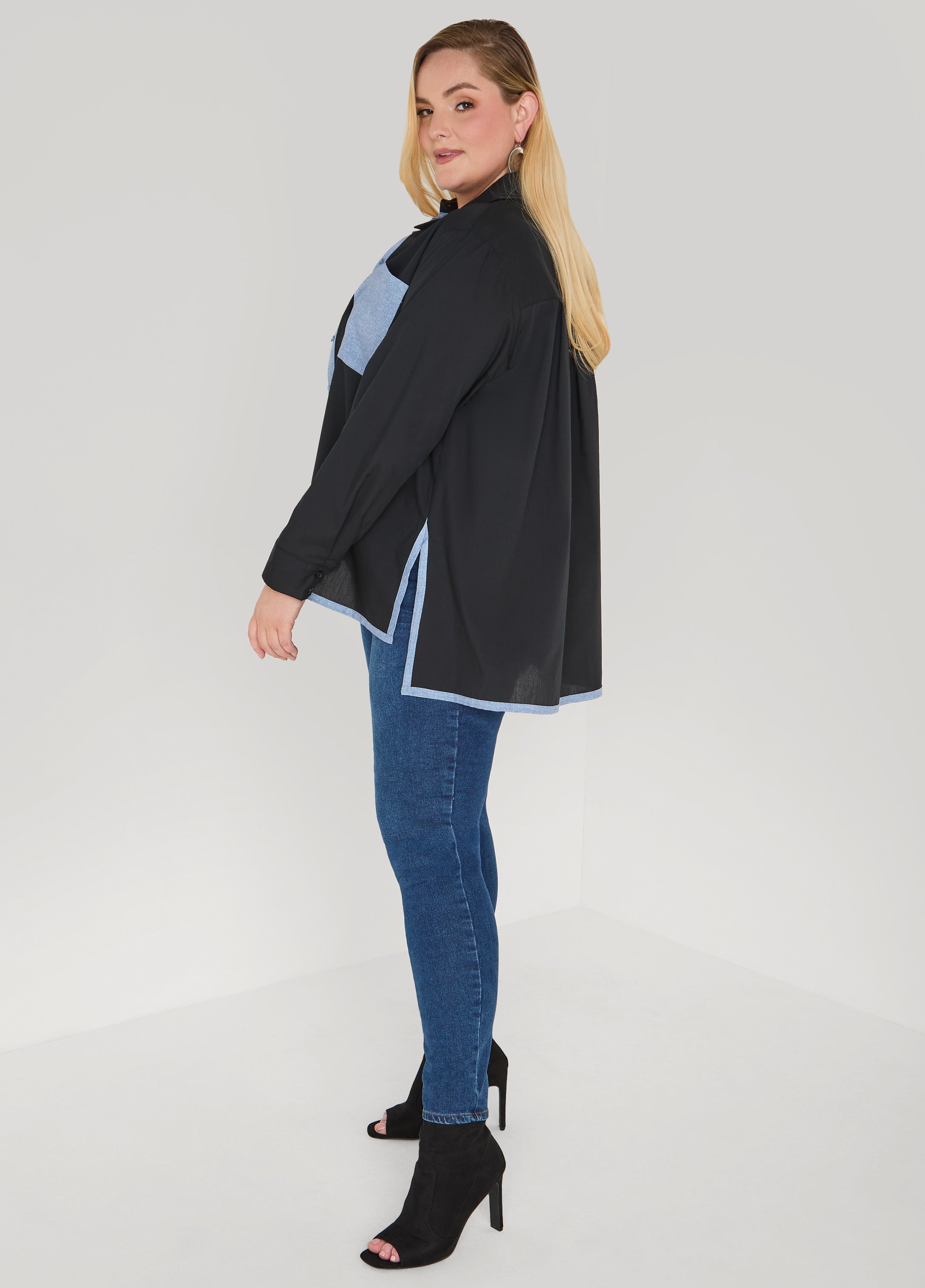 Denim Print Paneled Hi Low Shirt Black | Ashley Stewart