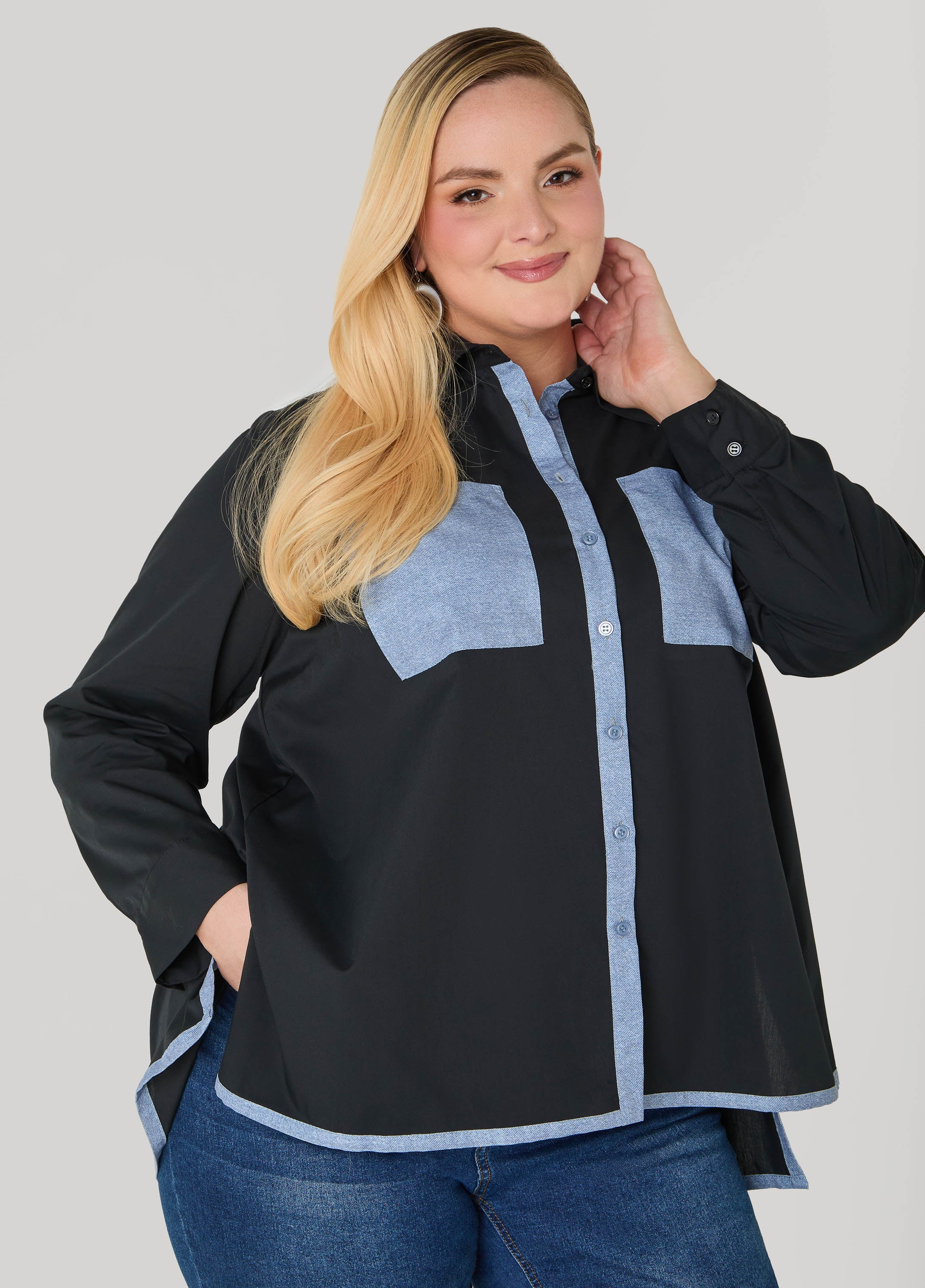 Denim Print Paneled Hi Low Shirt Black | Ashley Stewart