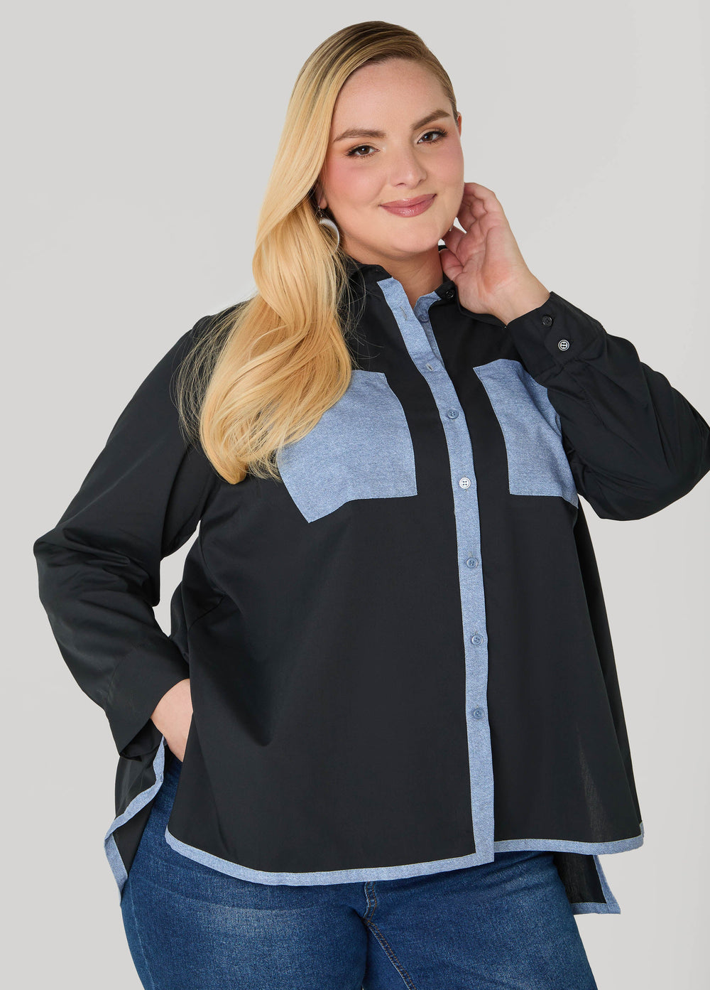 Denim Print Paneled Hi Low Shirt Black | Ashley Stewart