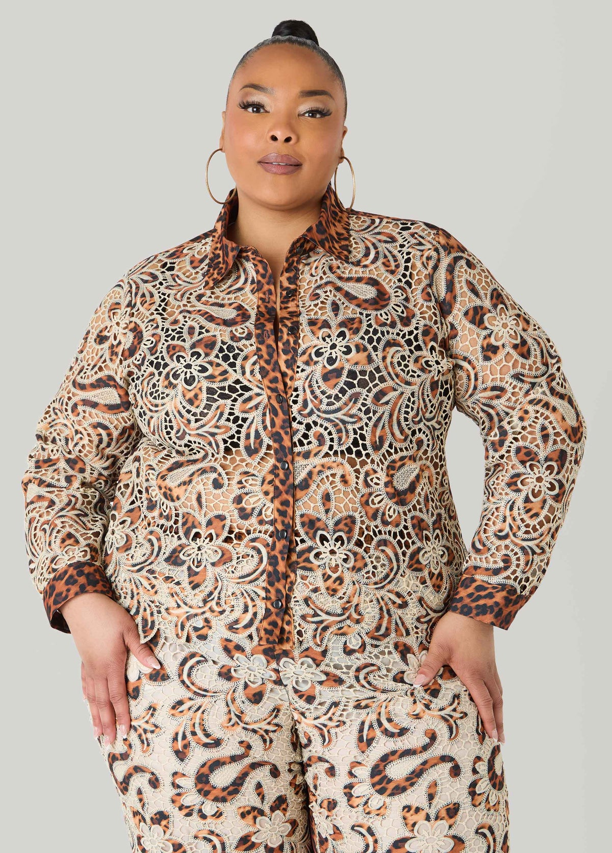 Leopard Print Corded Lace Shirt Natural Leopard | Ashley Stewart