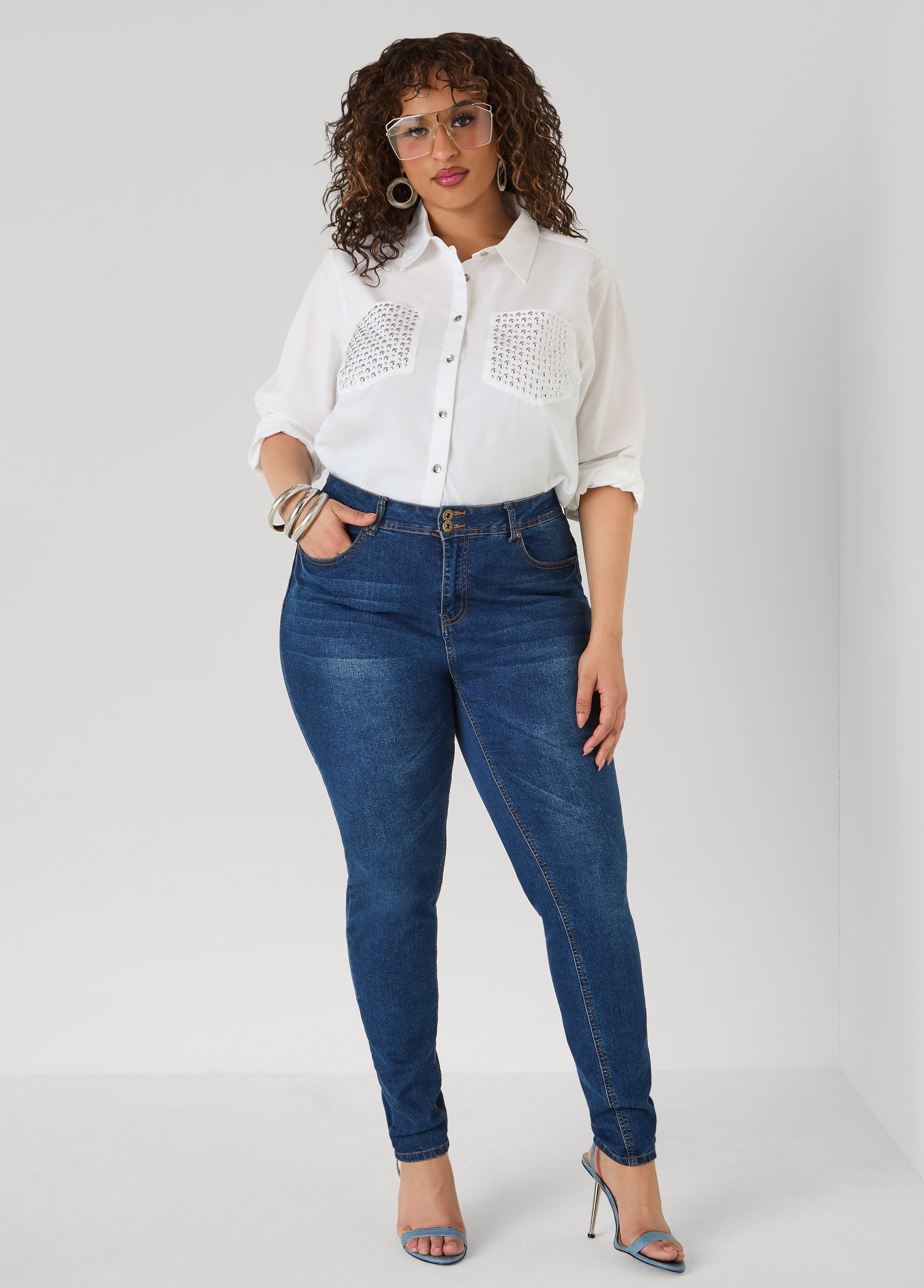 Studded Cotton Shirt White | Ashley Stewart