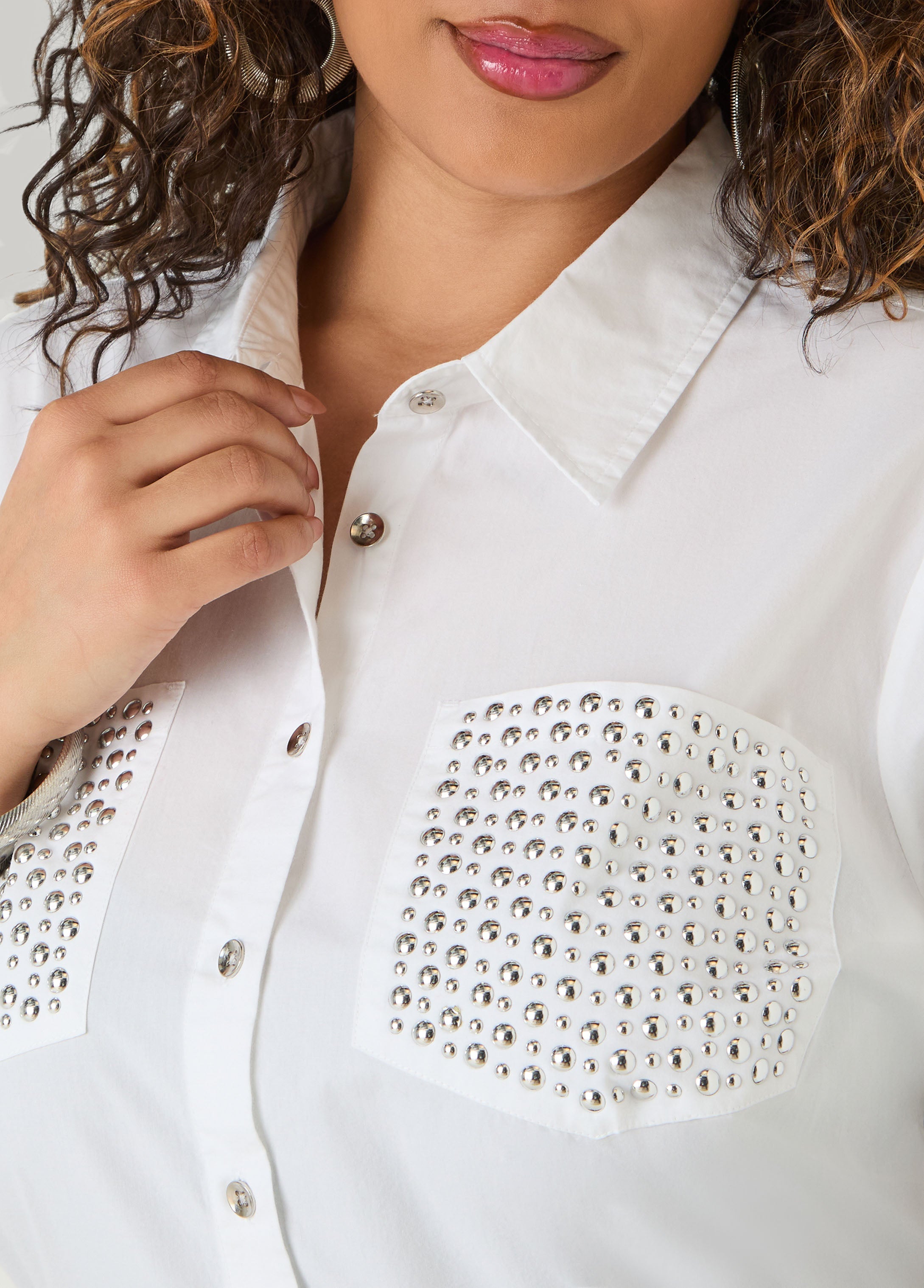 Studded Cotton Shirt White | Ashley Stewart