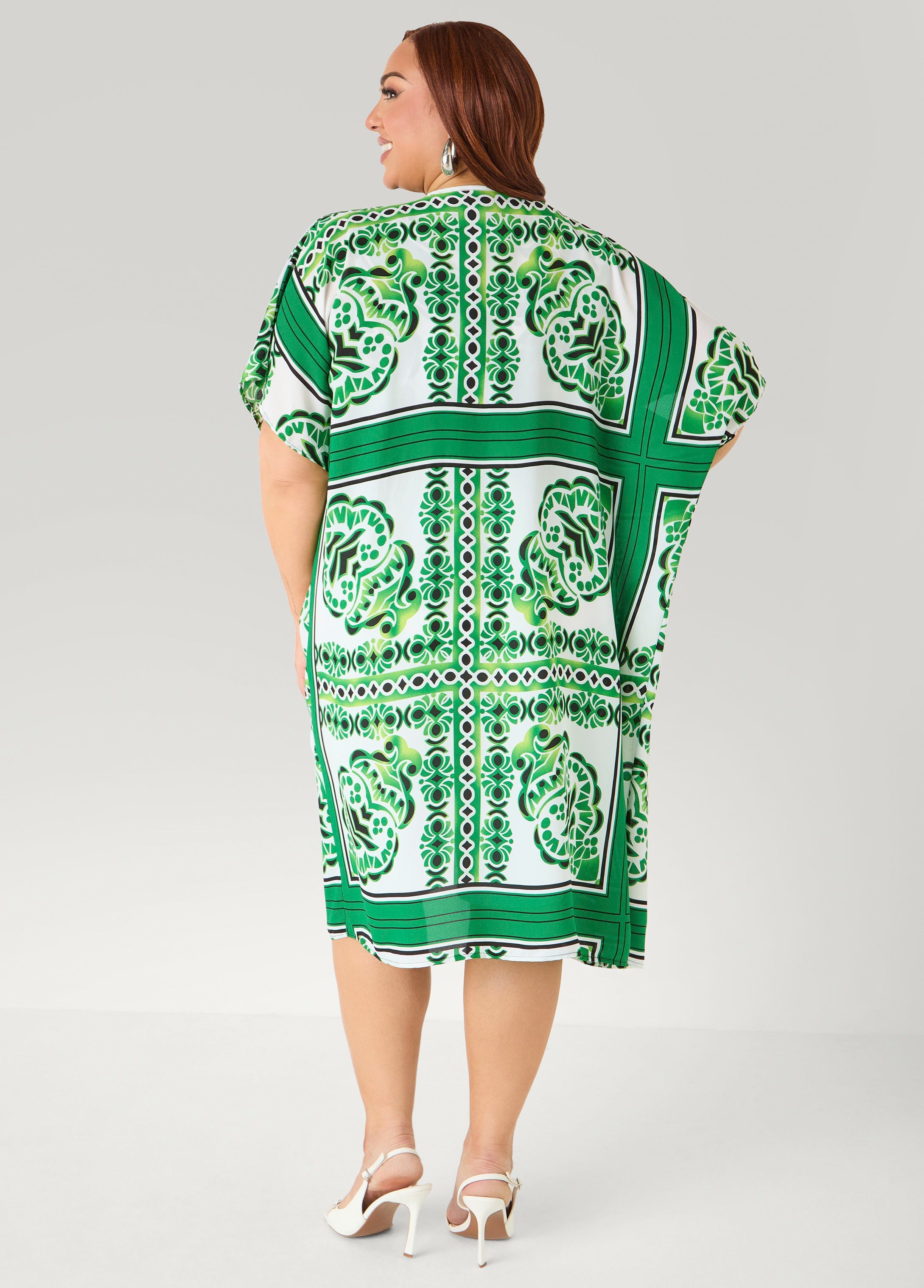 Scarf Print Open Front Duster Macaw Green | Ashley Stewart