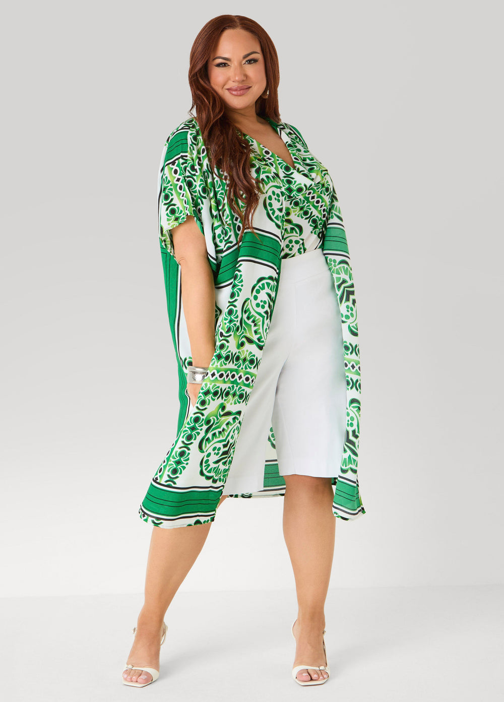 Scarf Print Open Front Duster Macaw Green | Ashley Stewart