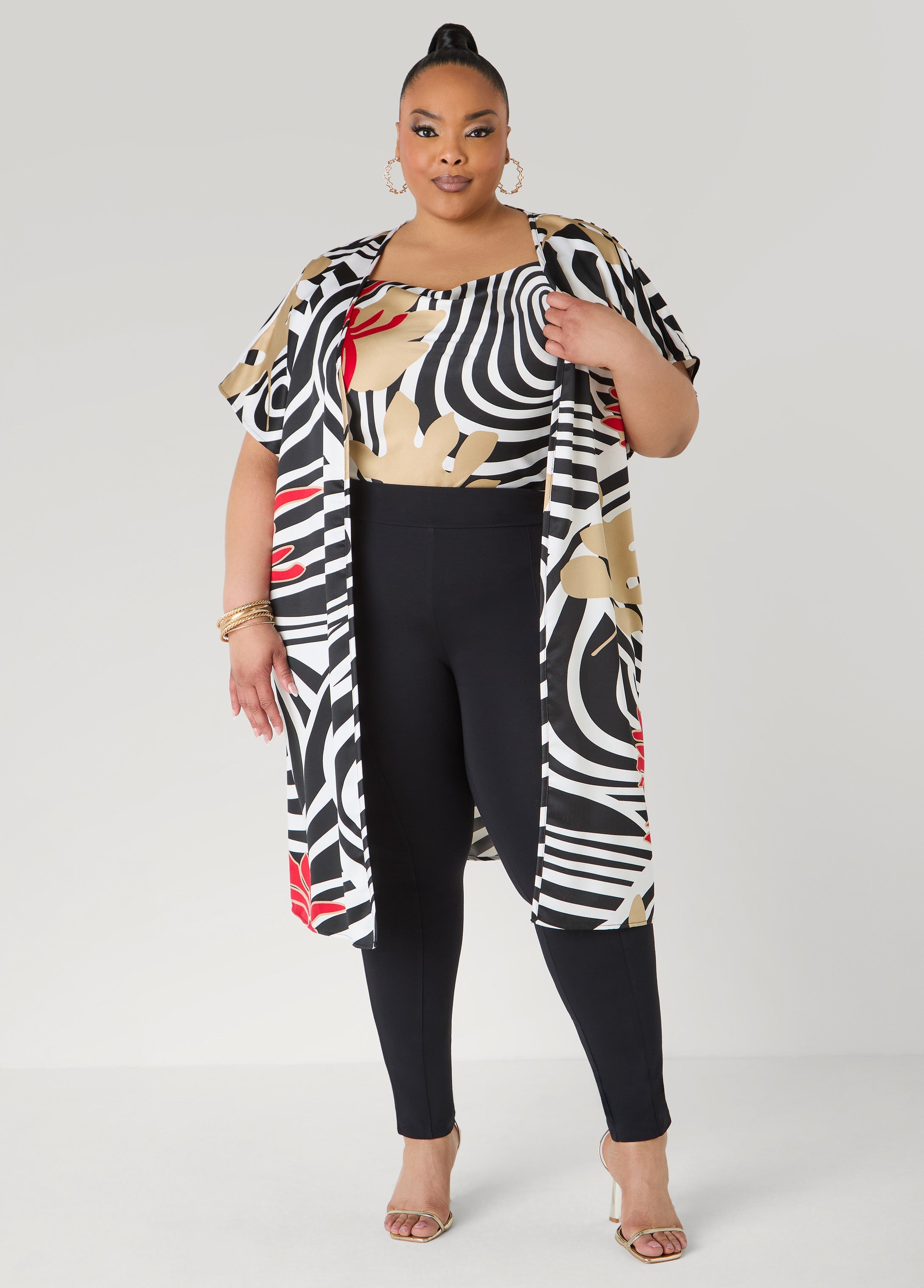 Floral Print Satin Duster Black White | Ashley Stewart