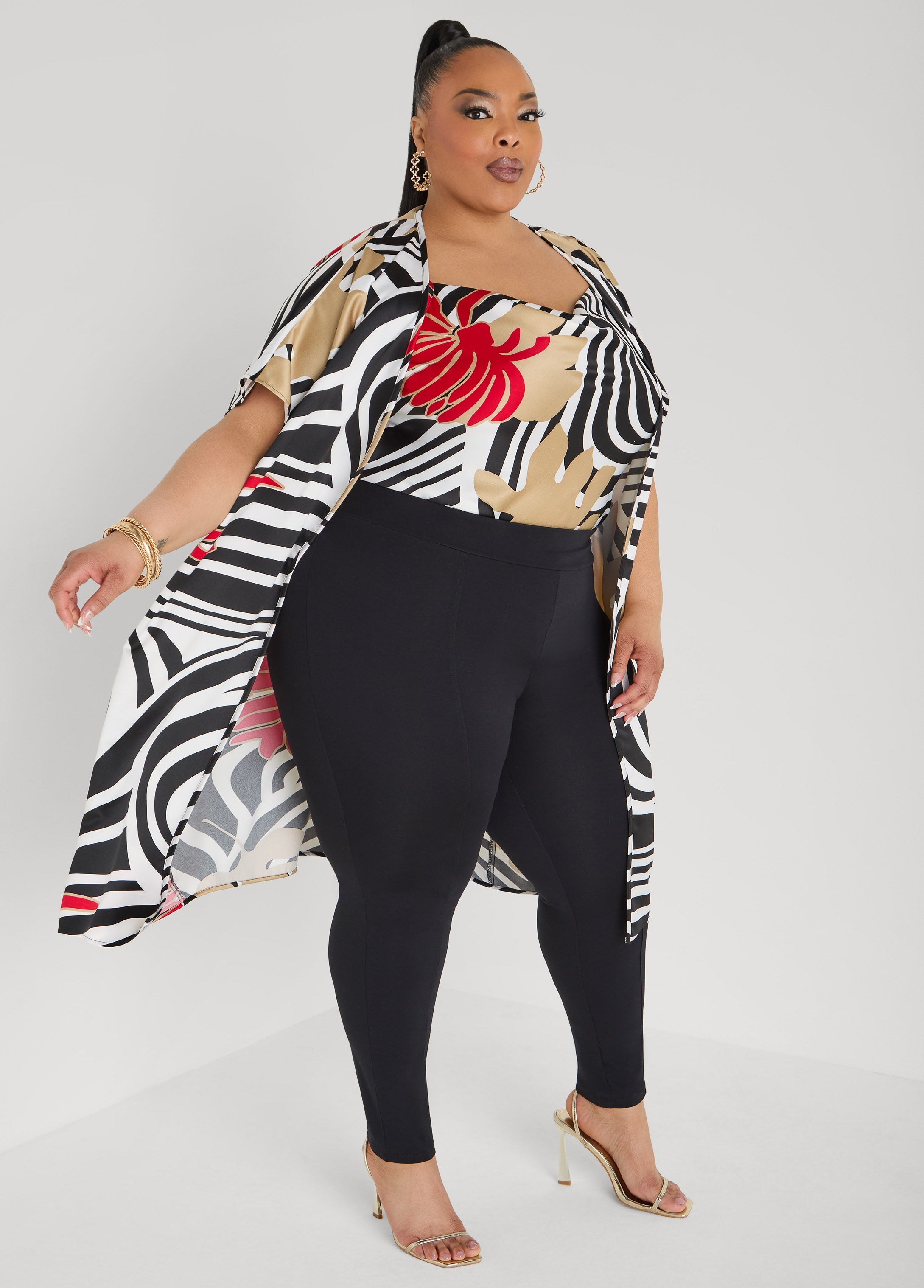 Floral Print Satin Duster Black White | Ashley Stewart