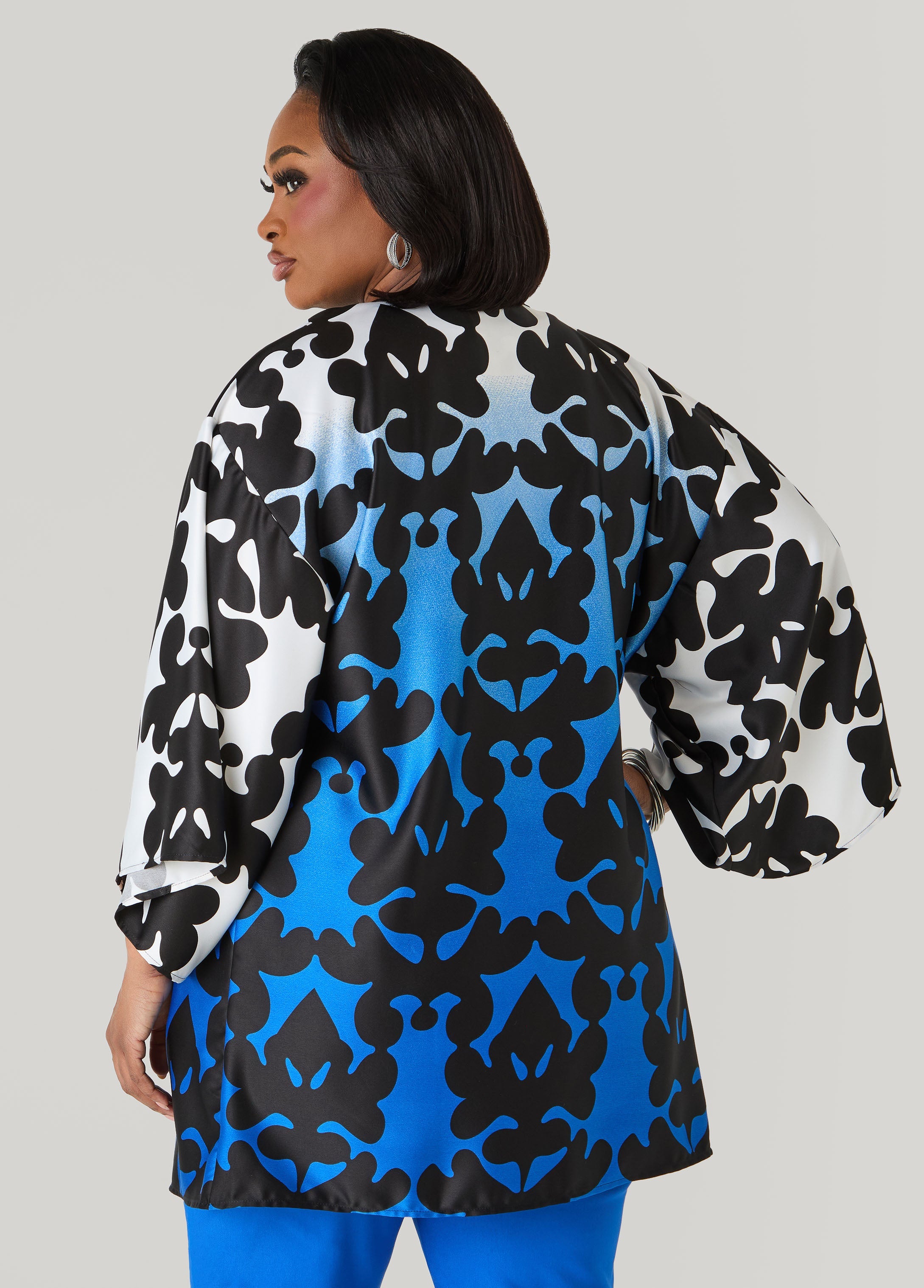 Ombre Printed Satin Kimono Victoria Blue | Ashley Stewart
