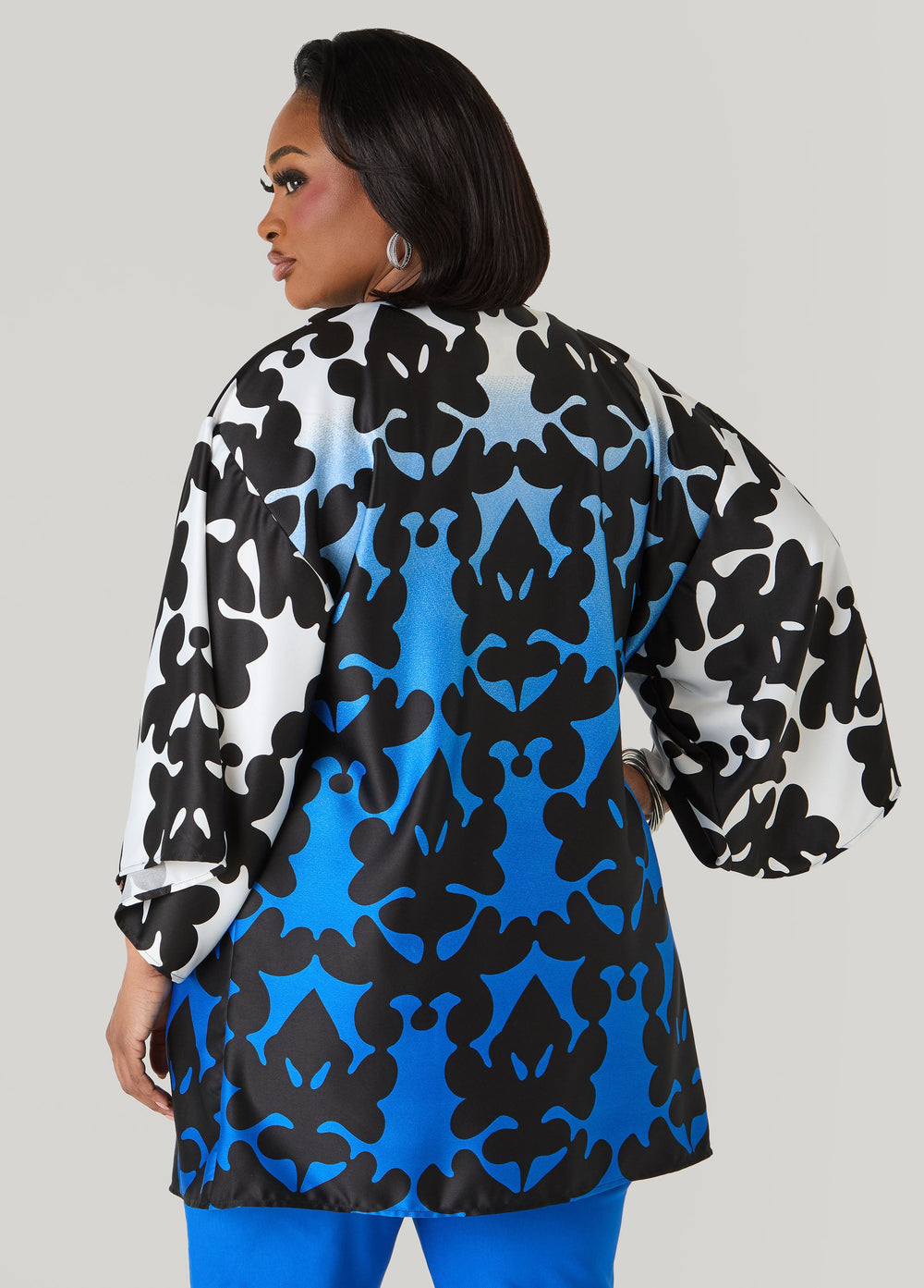 Ombre Printed Satin Kimono Victoria Blue | Ashley Stewart