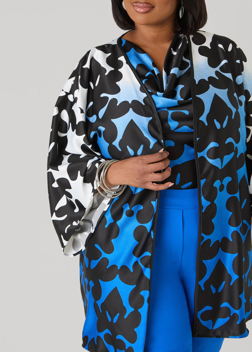 Ombre Printed Satin Kimono Victoria Blue | Ashley Stewart