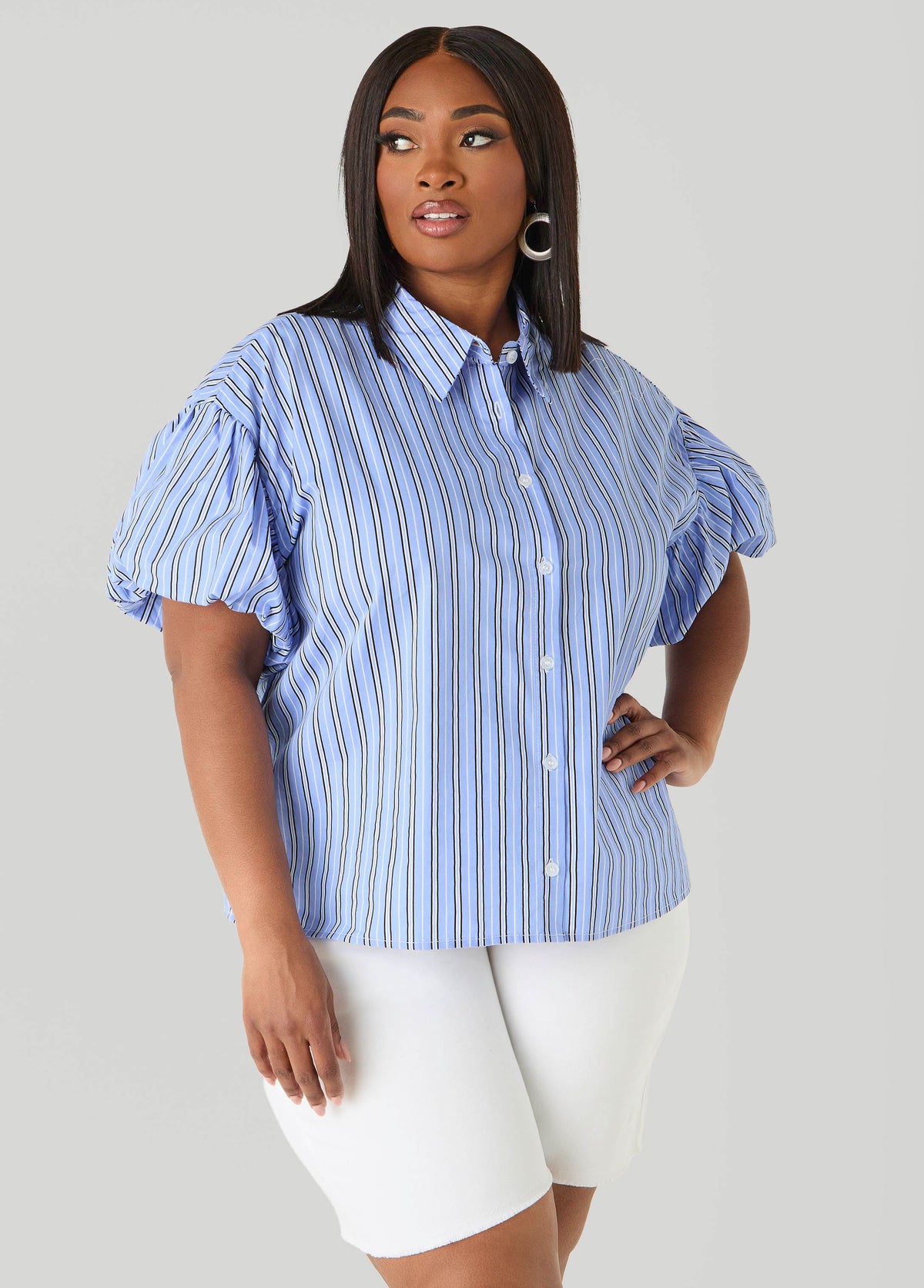 Striped Puff Sleeved Shirt Blue | Ashley Stewart