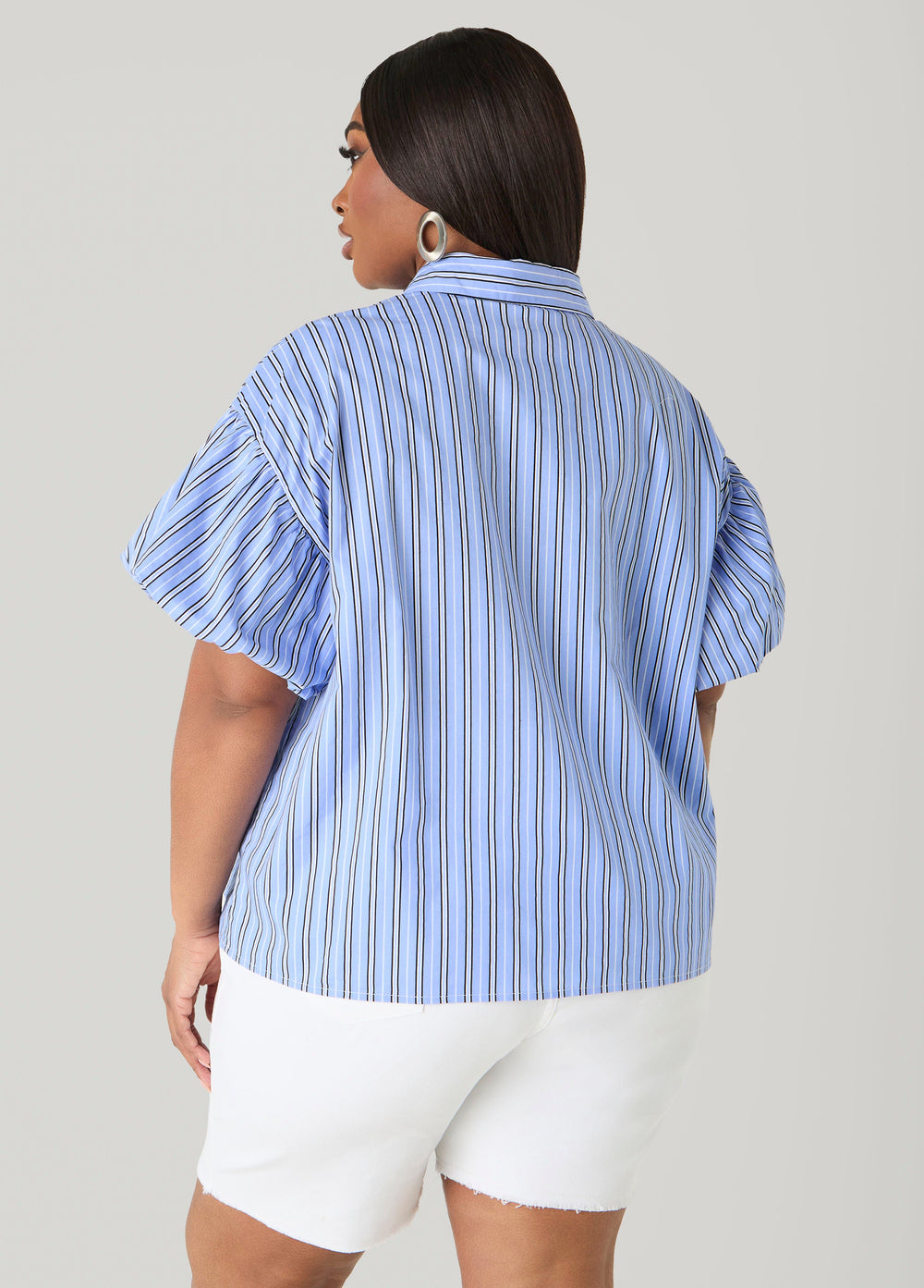 Striped Puff Sleeved Shirt Blue | Ashley Stewart