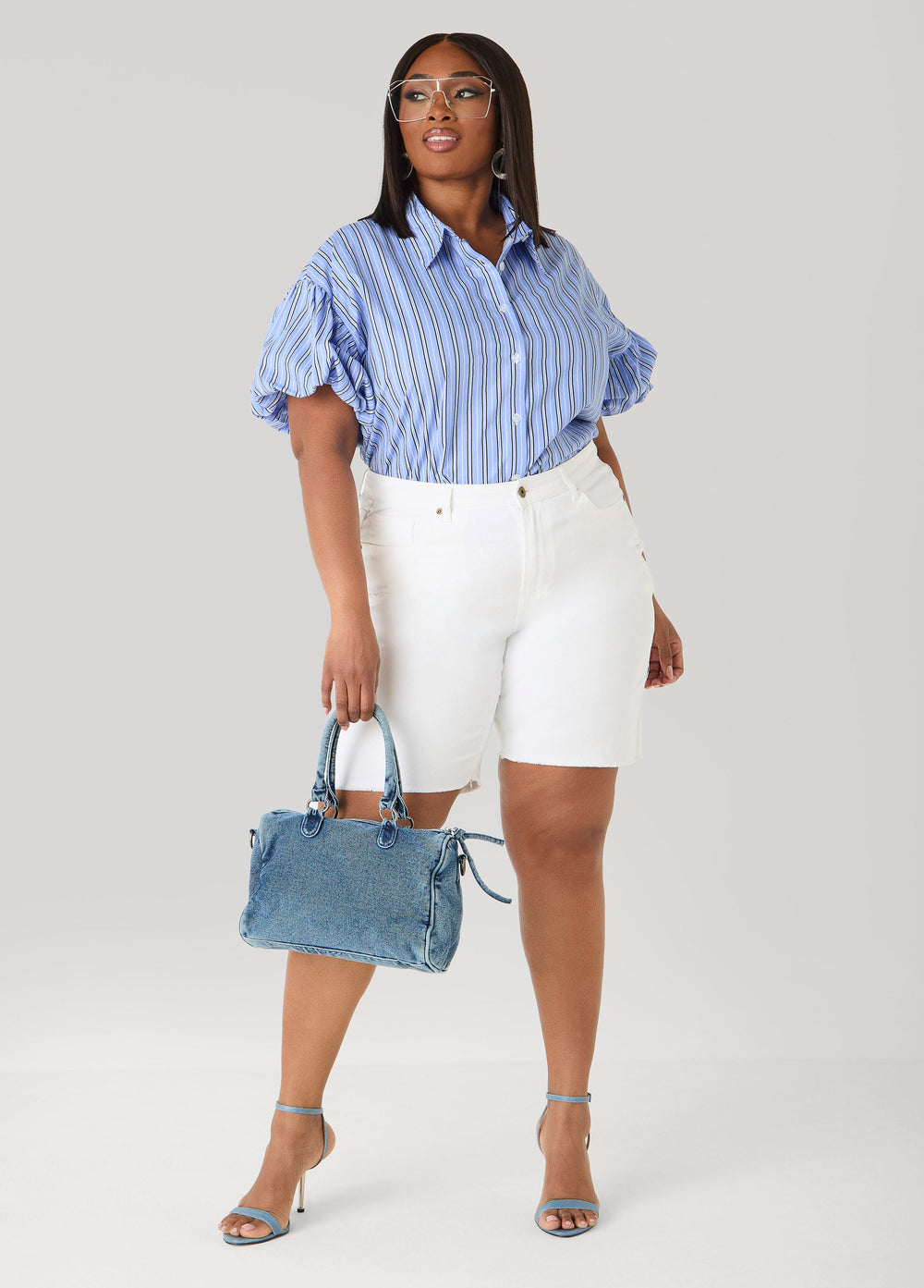 Striped Puff Sleeved Shirt Blue | Ashley Stewart