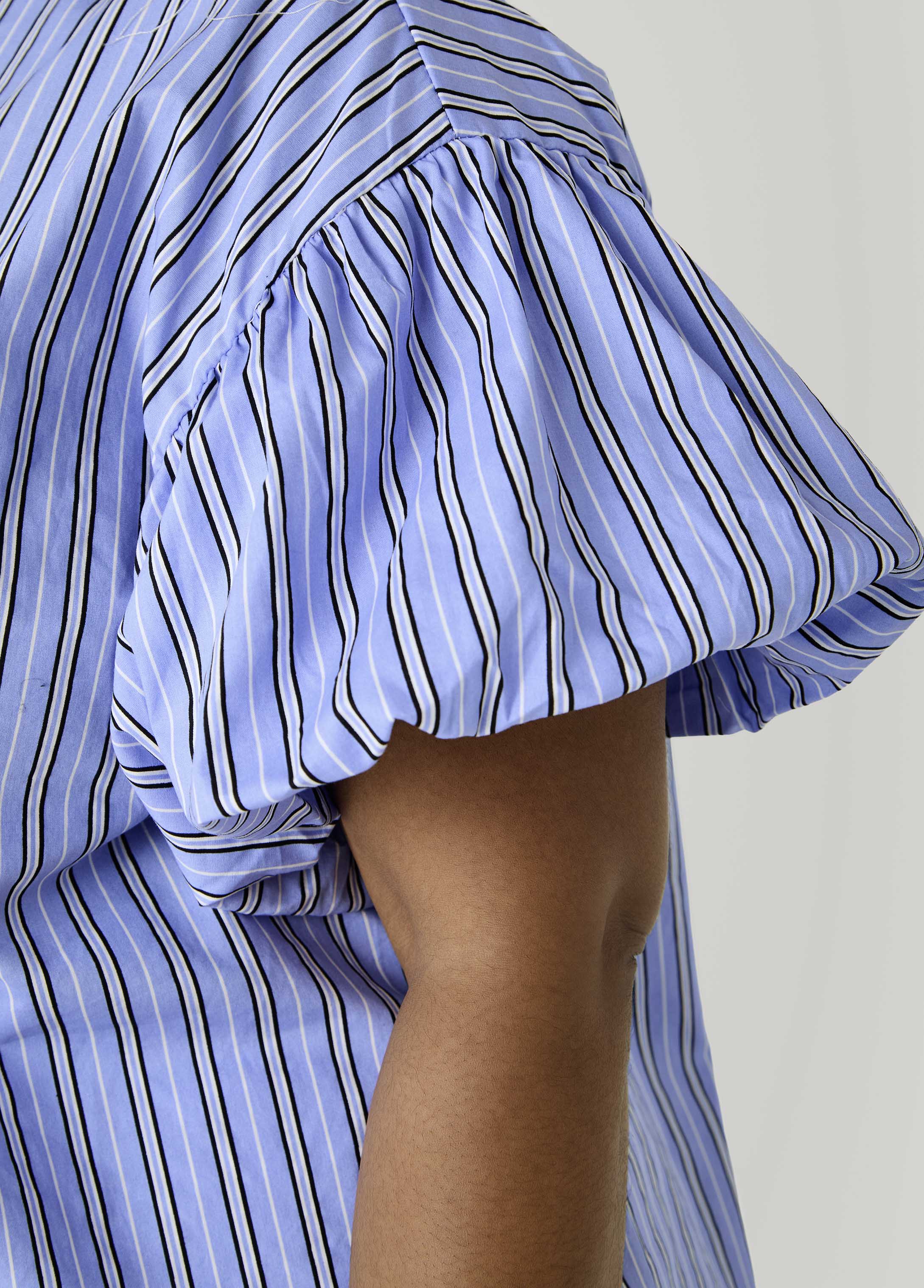Striped Puff Sleeved Shirt Blue | Ashley Stewart