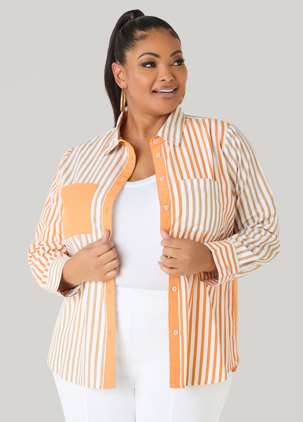 Colorblocked Striped Shirt Desert Sun | Ashley Stewart