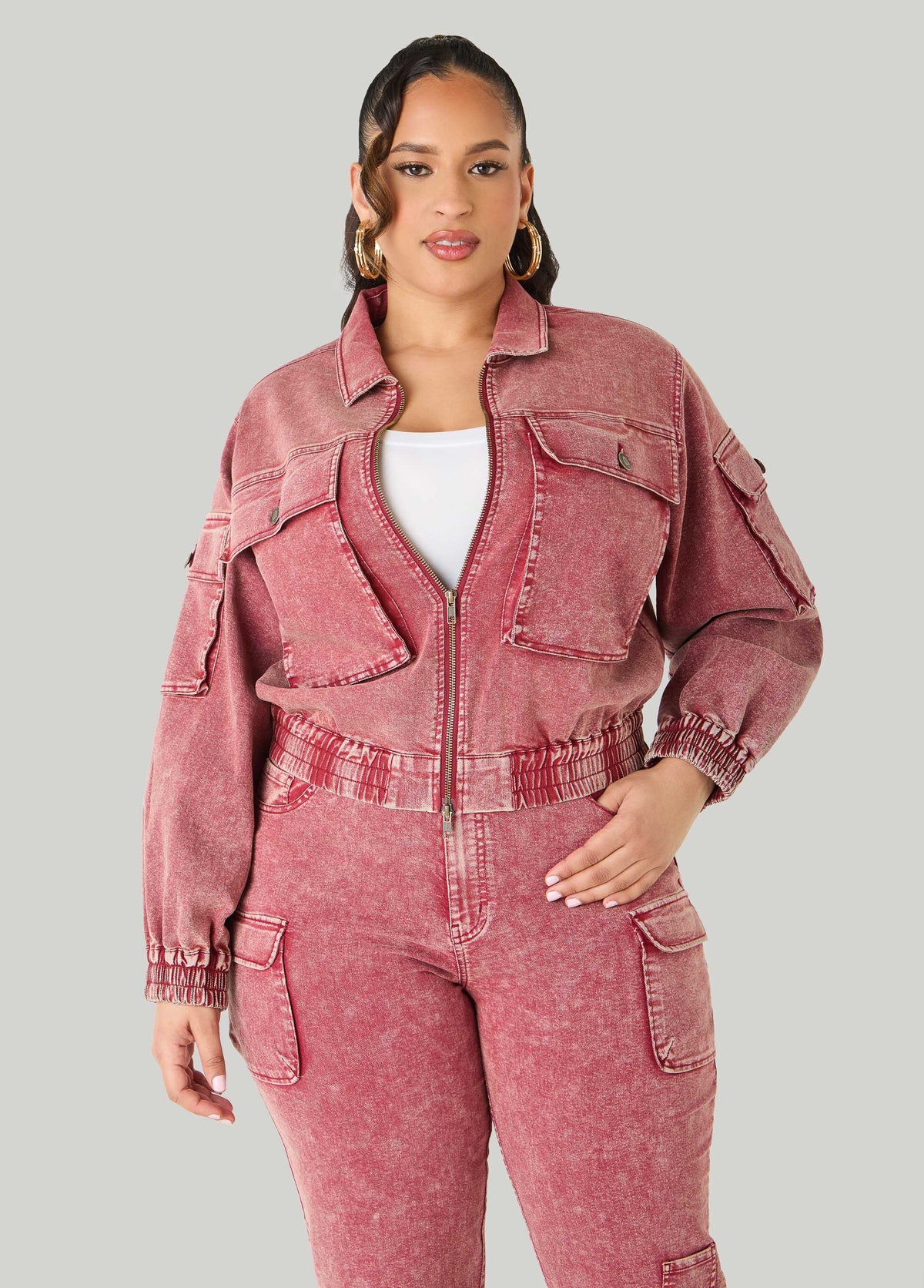 Stonewash Denim Cargo Jacket Confetti | Ashley Stewart