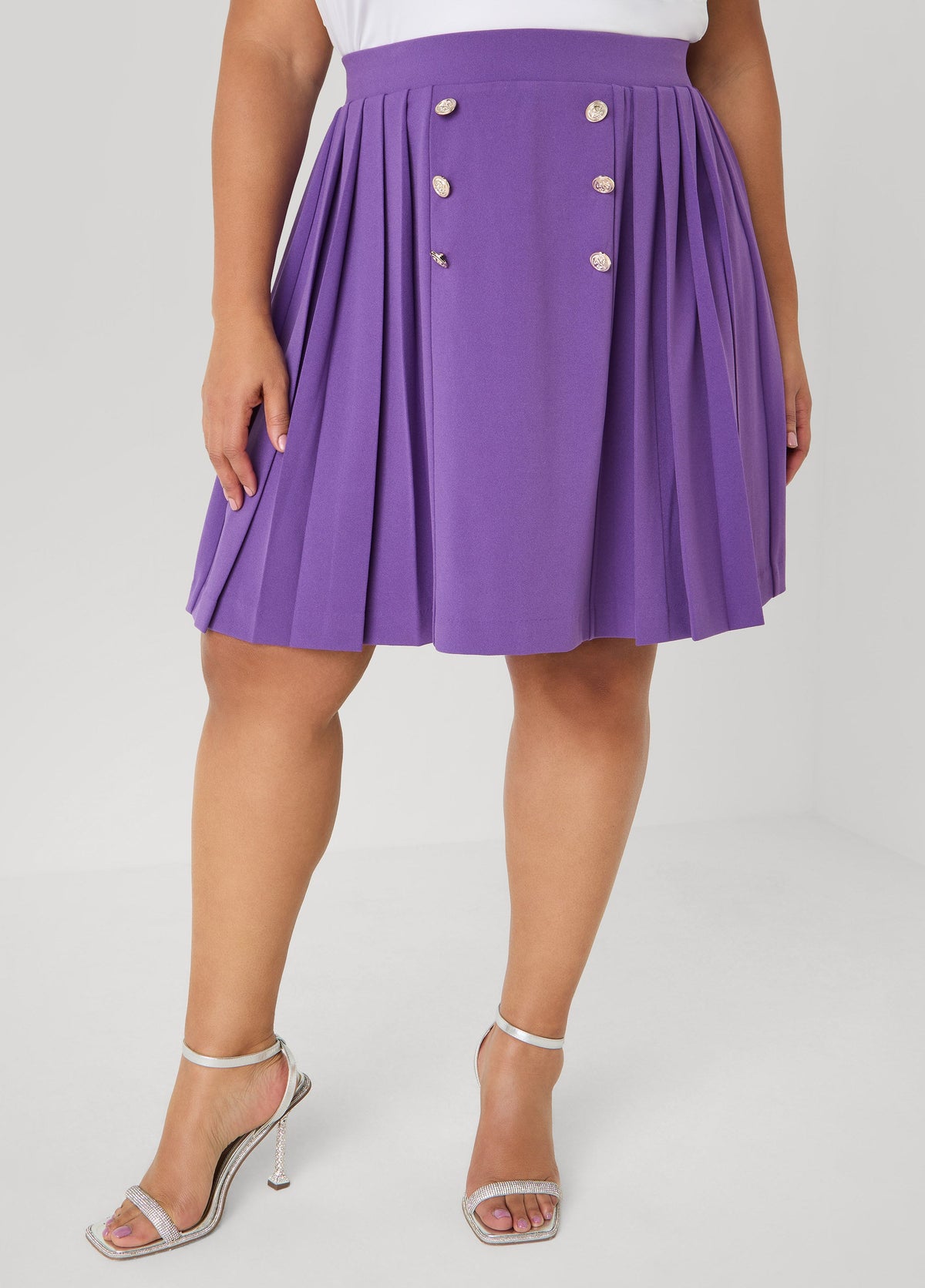 Button Embellished Pleated Skirt Pansy | Ashley Stewart