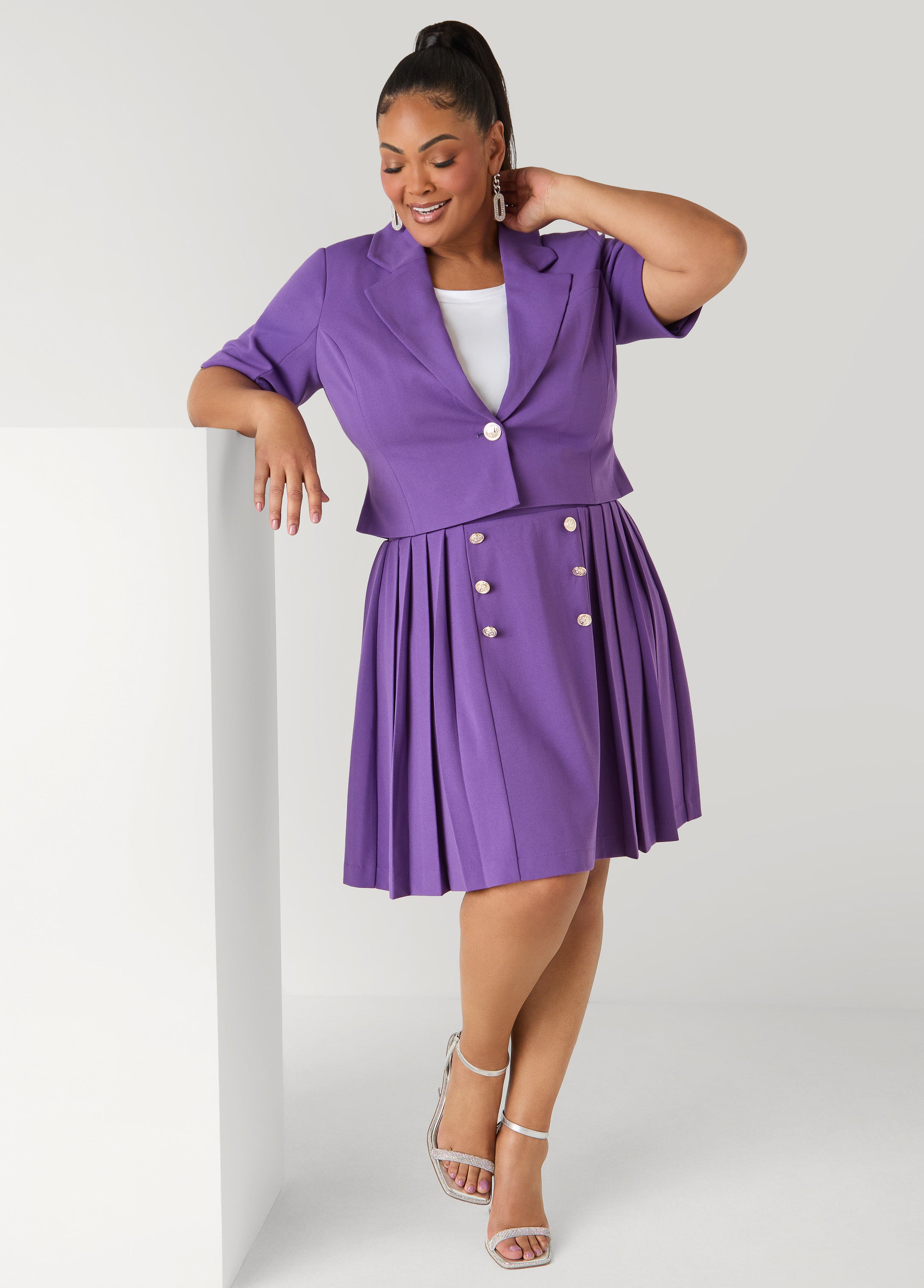 Button Embellished Pleated Skirt Pansy | Ashley Stewart