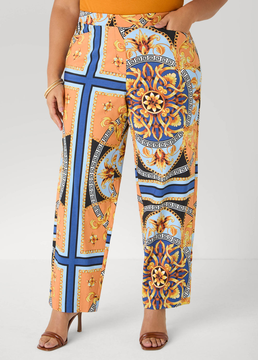 Millennium Scarf Print Trousers Navy Peony | Ashley Stewart
