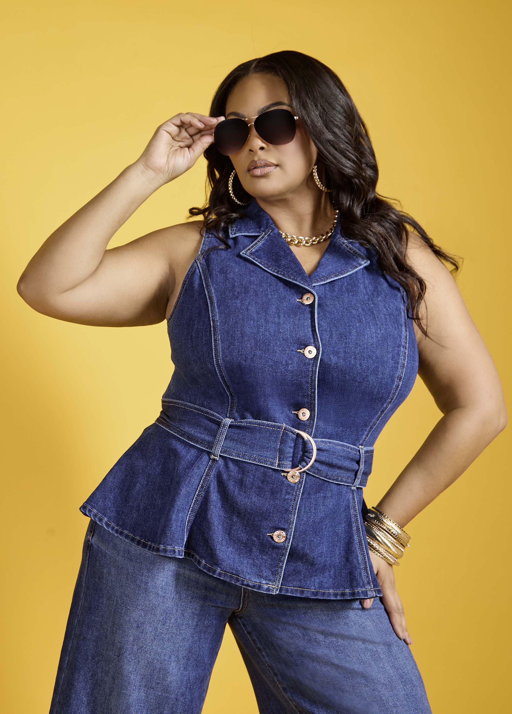 Belted Denim Peplum Vest Dk Wash | Ashley Stewart