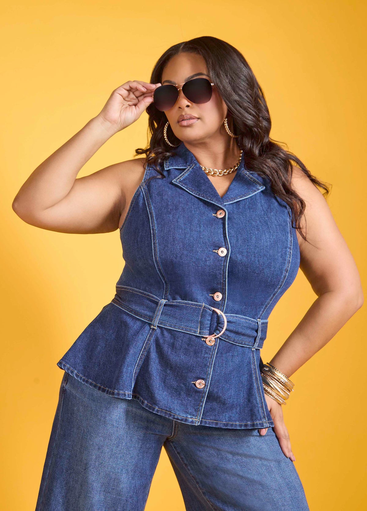 Belted Denim Peplum Vest Dk Wash | Ashley Stewart