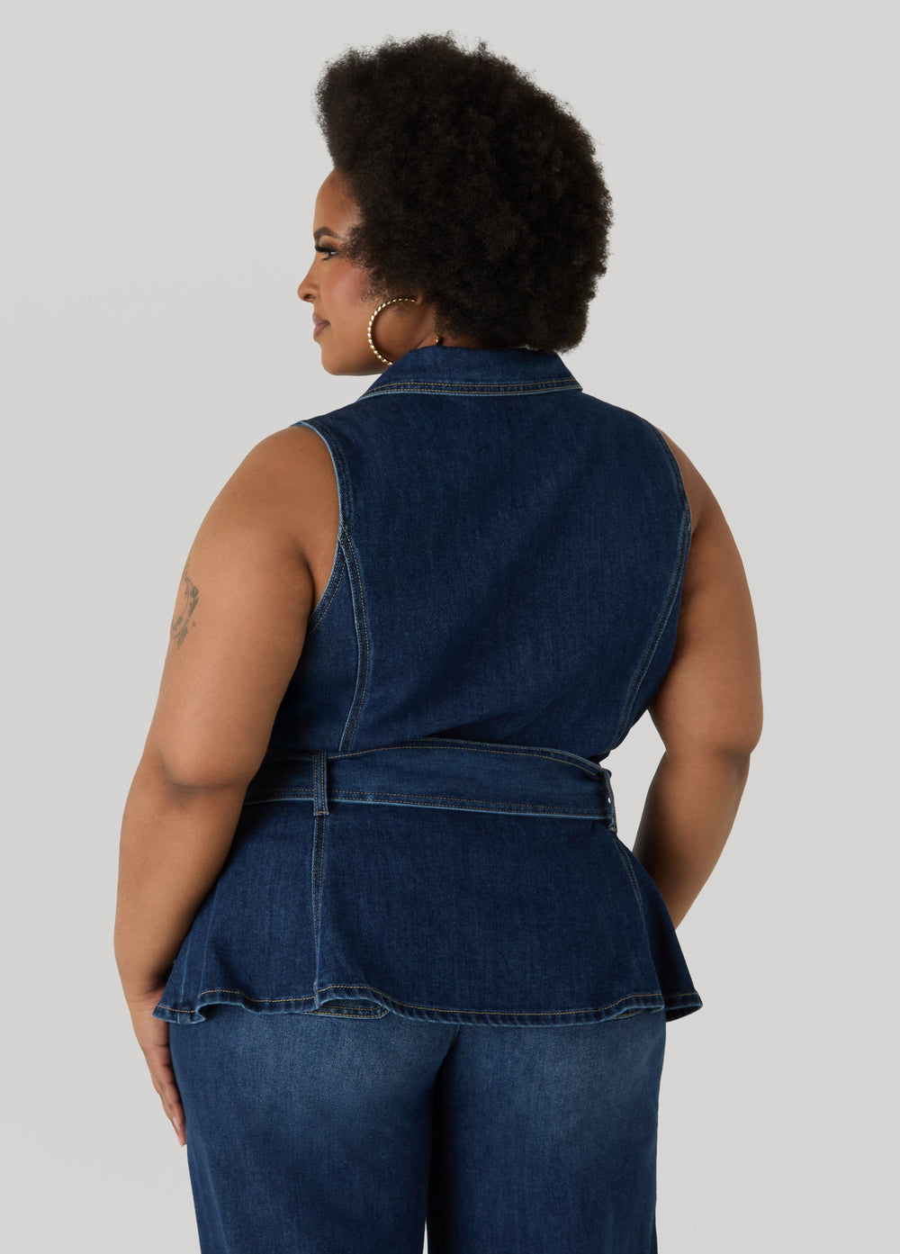 Belted Denim Peplum Vest Dk Wash | Ashley Stewart
