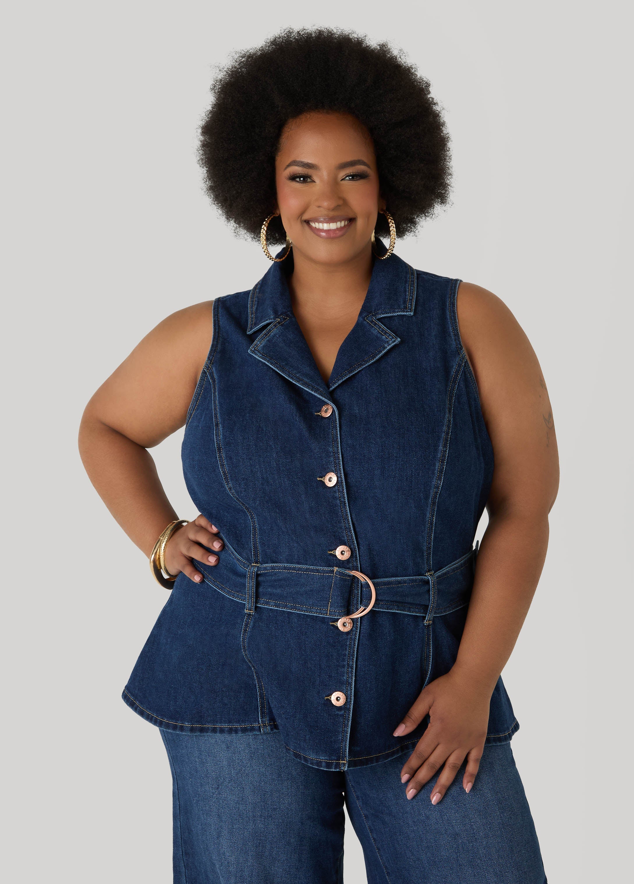 Belted Denim Peplum Vest Dk Wash | Ashley Stewart