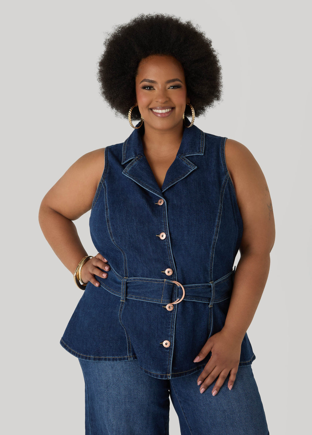 Belted Denim Peplum Vest Dk Wash | Ashley Stewart