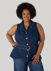 Belted Denim Peplum Vest Dk Wash | Ashley Stewart