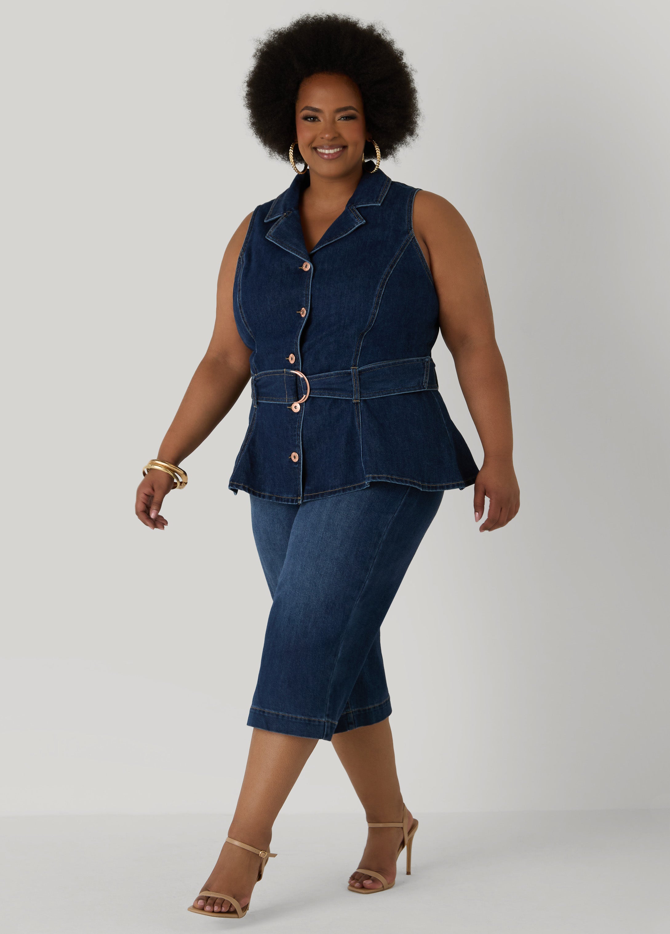 Belted Denim Peplum Vest Dk Wash | Ashley Stewart