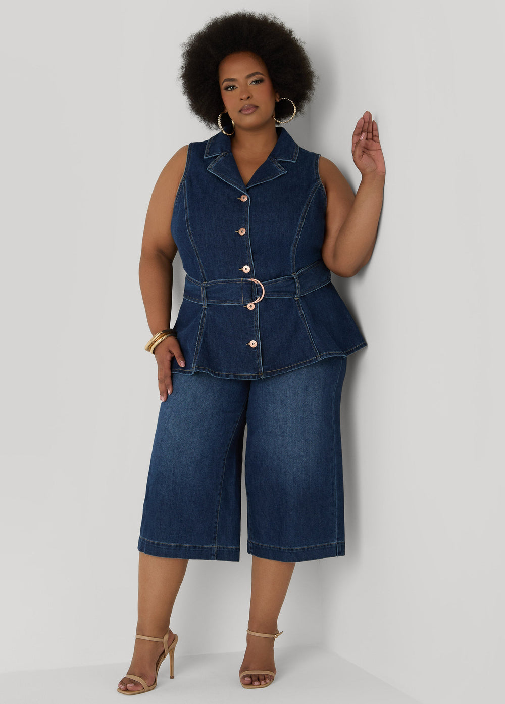 Belted Denim Peplum Vest Dk Wash | Ashley Stewart