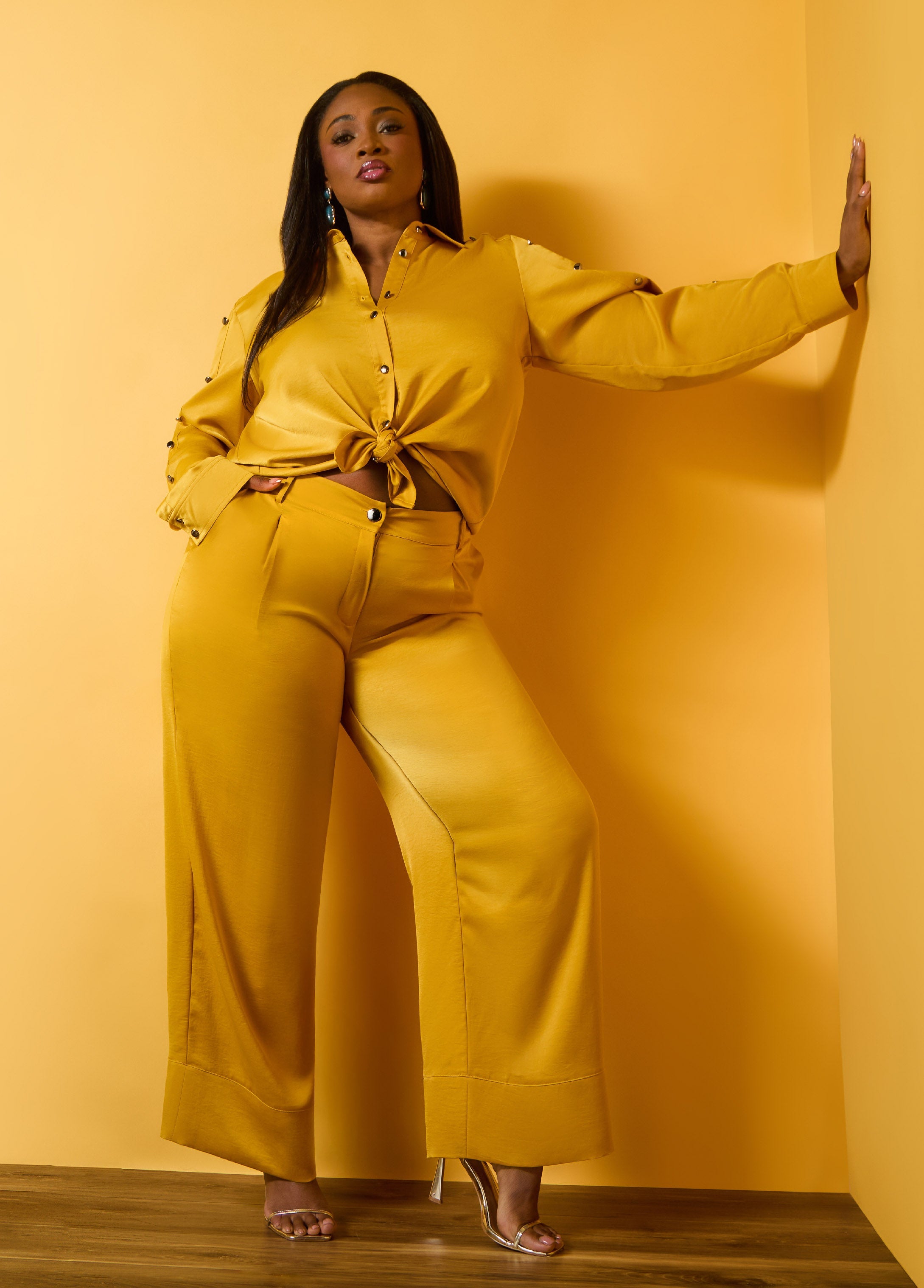 Pleated Satin Wide Leg Pants Nugget Gold | Ashley Stewart