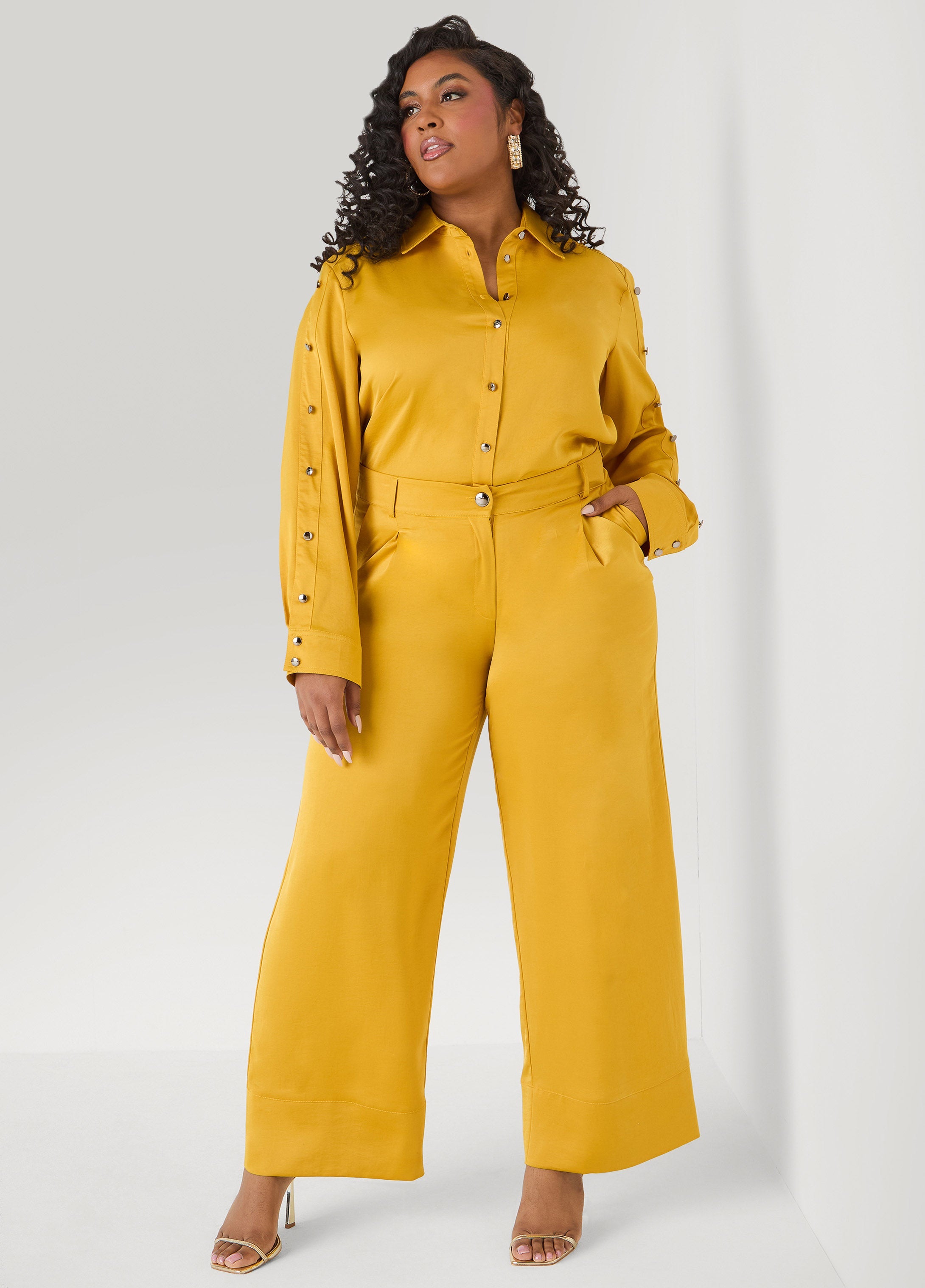 Pleated Satin Wide Leg Pants Nugget Gold | Ashley Stewart