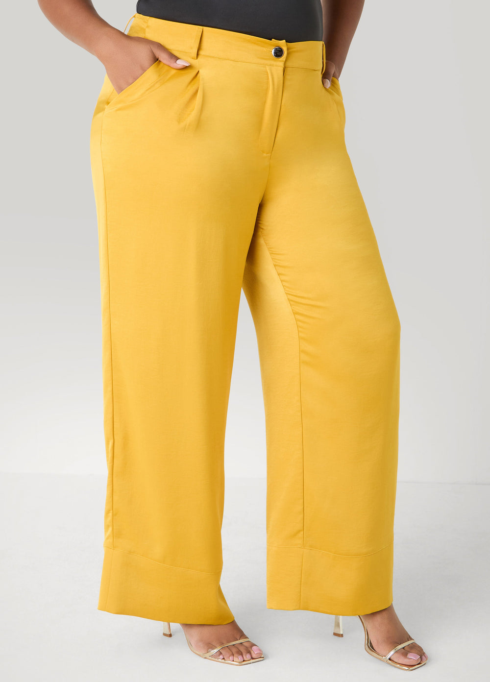 Pleated Satin Wide Leg Pants Nugget Gold | Ashley Stewart
