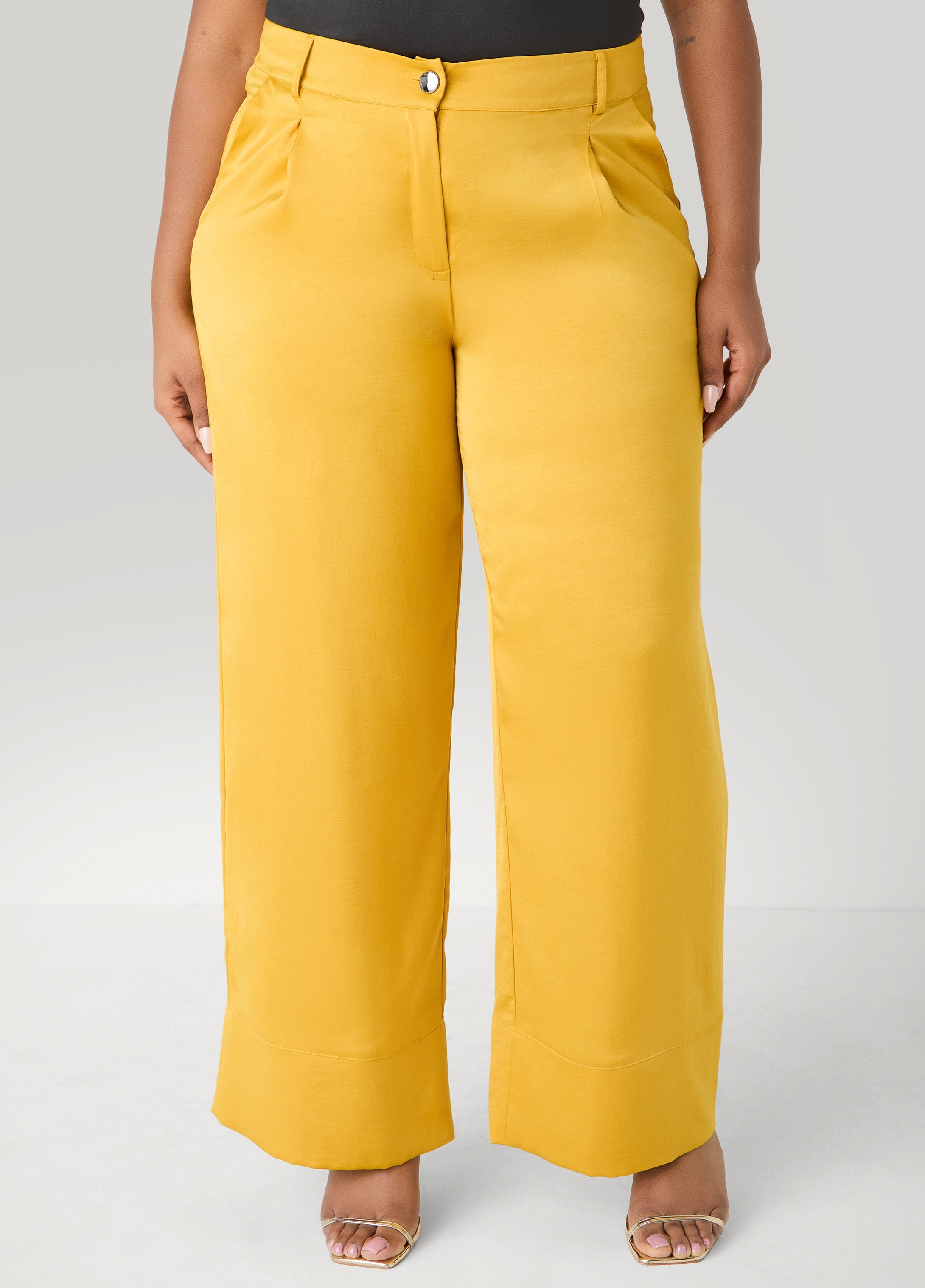 Pleated Satin Wide Leg Pants Nugget Gold | Ashley Stewart