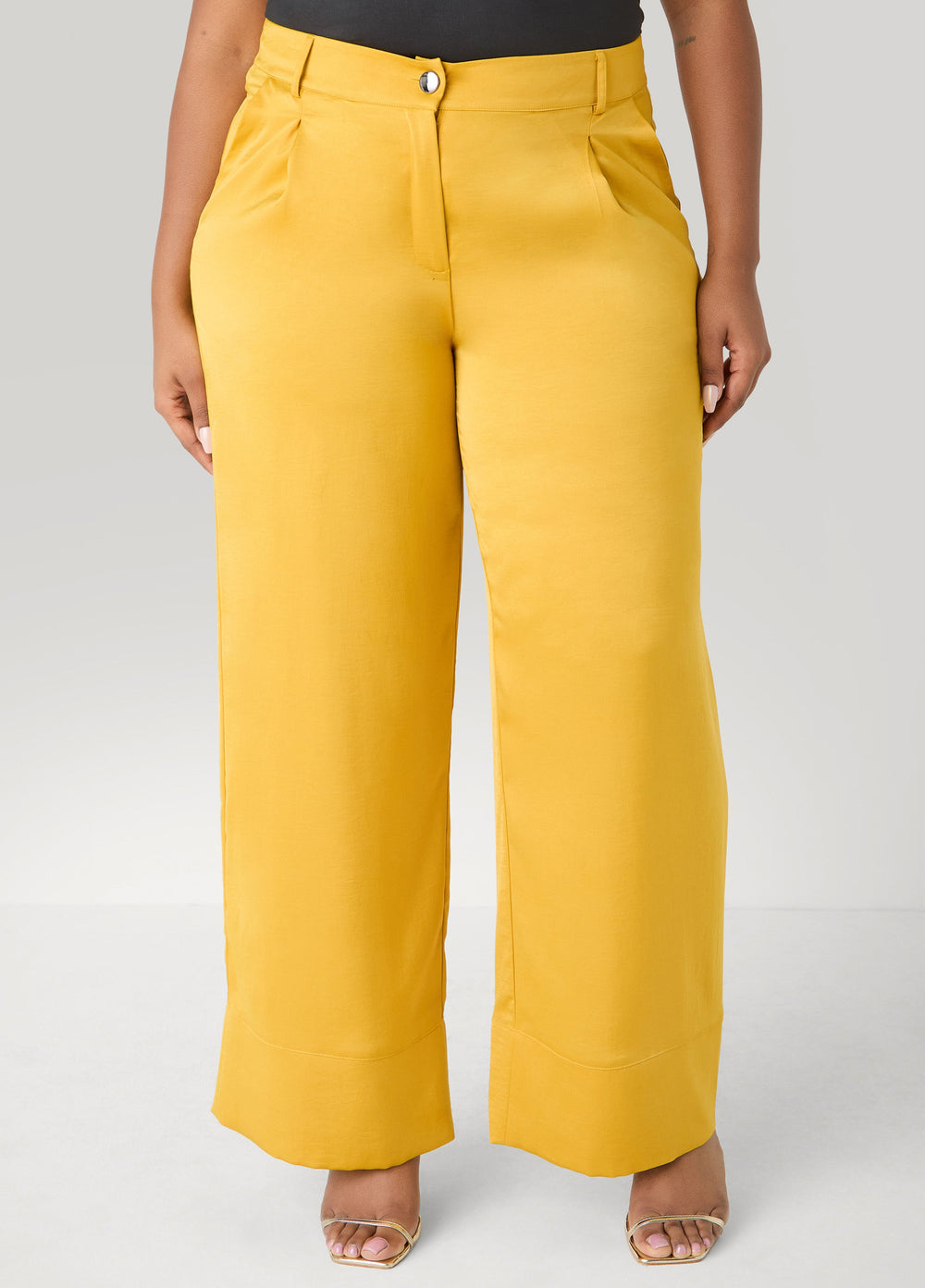 Pleated Satin Wide Leg Pants Nugget Gold | Ashley Stewart