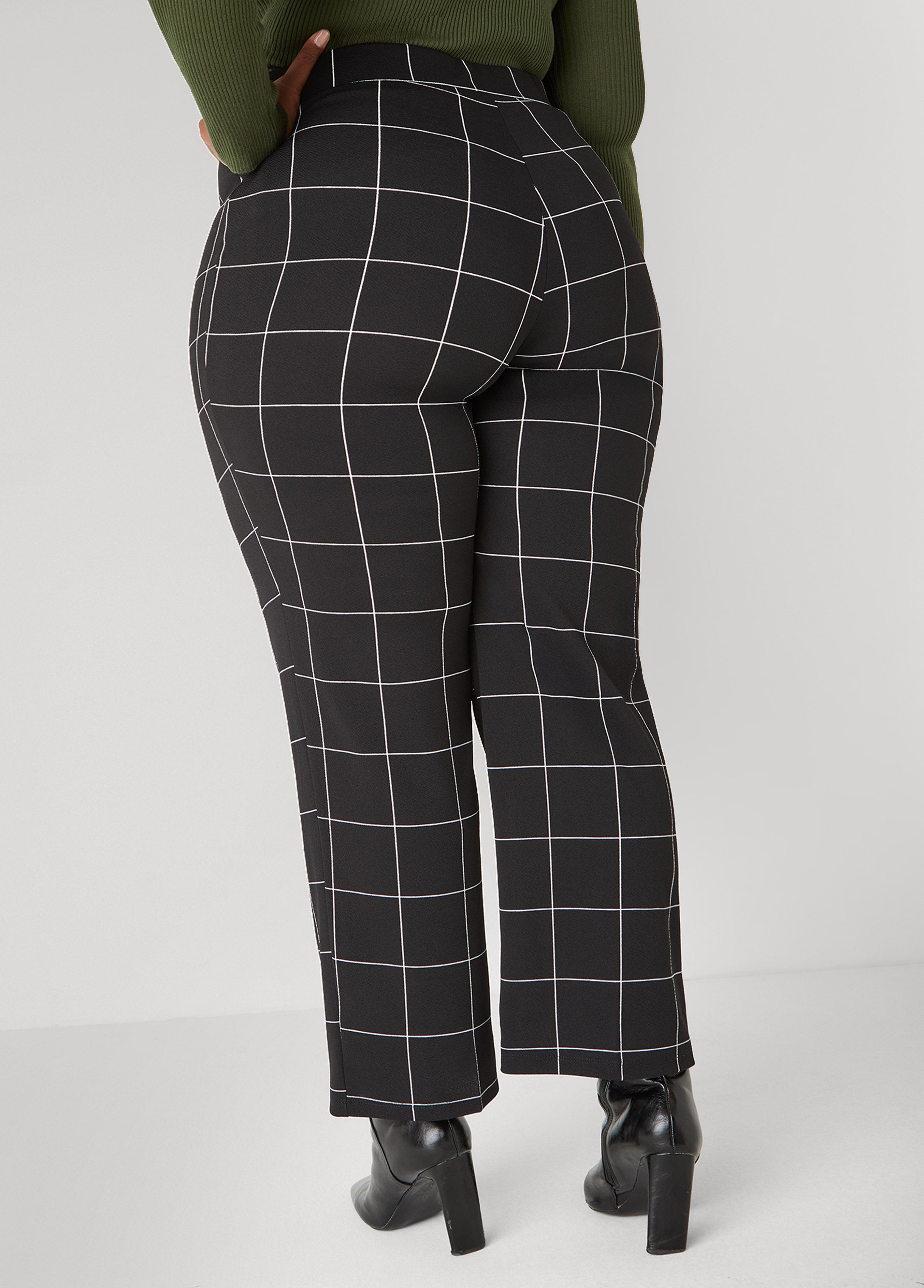 Textured Windowpane Print Pants Black White | Ashley Stewart