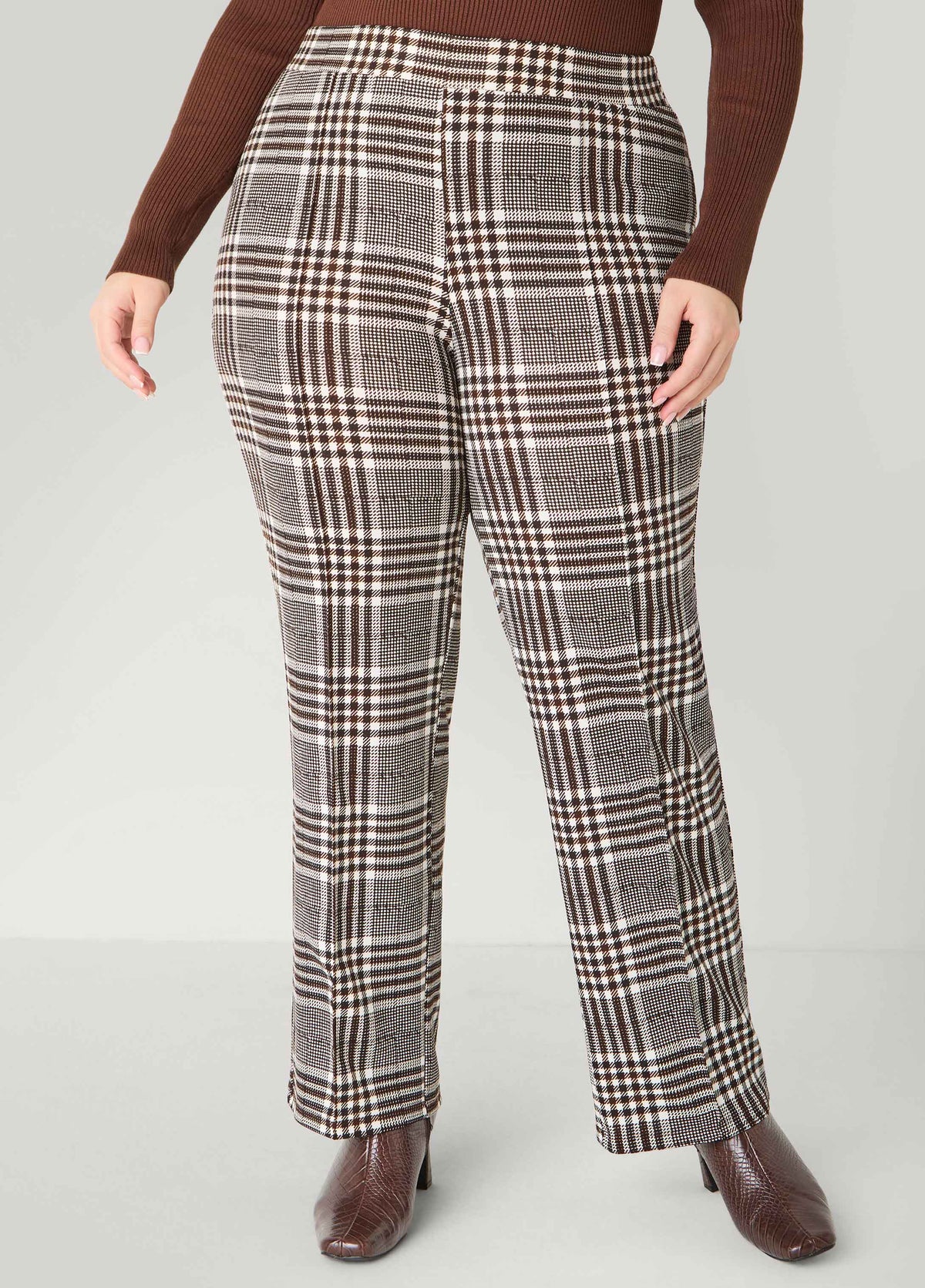 Textured Plaid Pull On Pants Black White | Ashley Stewart