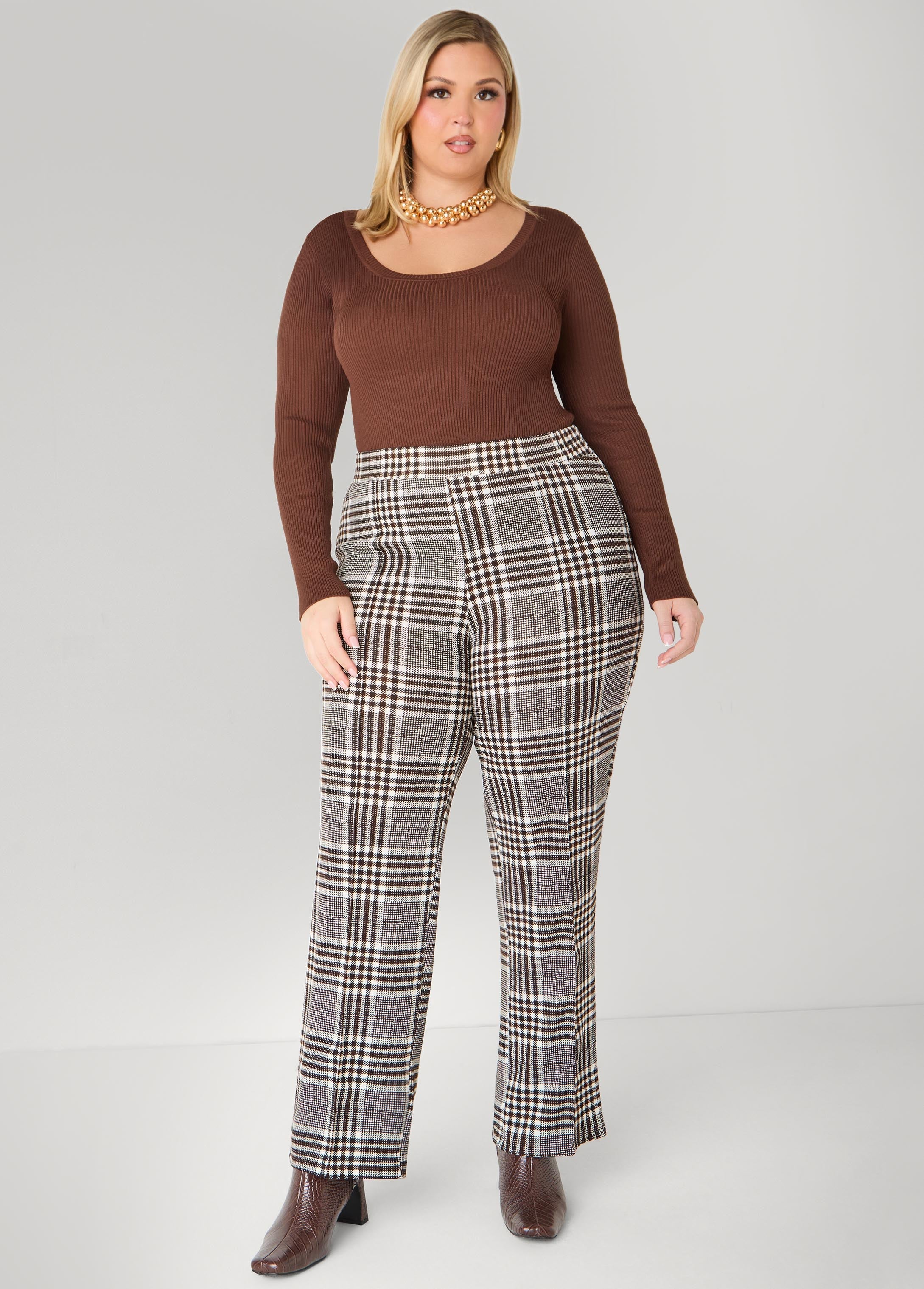 Textured Plaid Pull On Pants Black White | Ashley Stewart