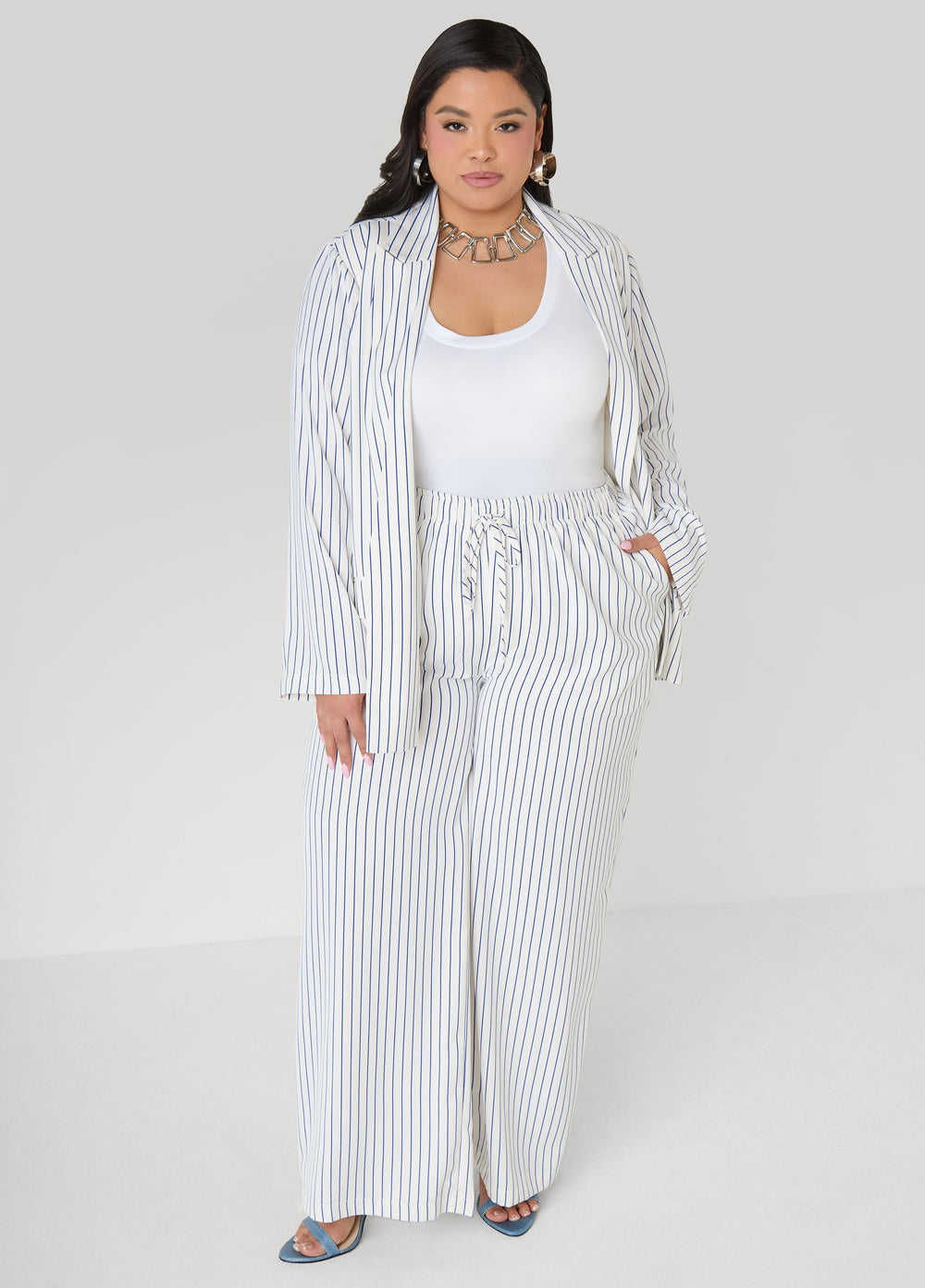 Pinstriped Wide Leg Pants Turtledove | Ashley Stewart