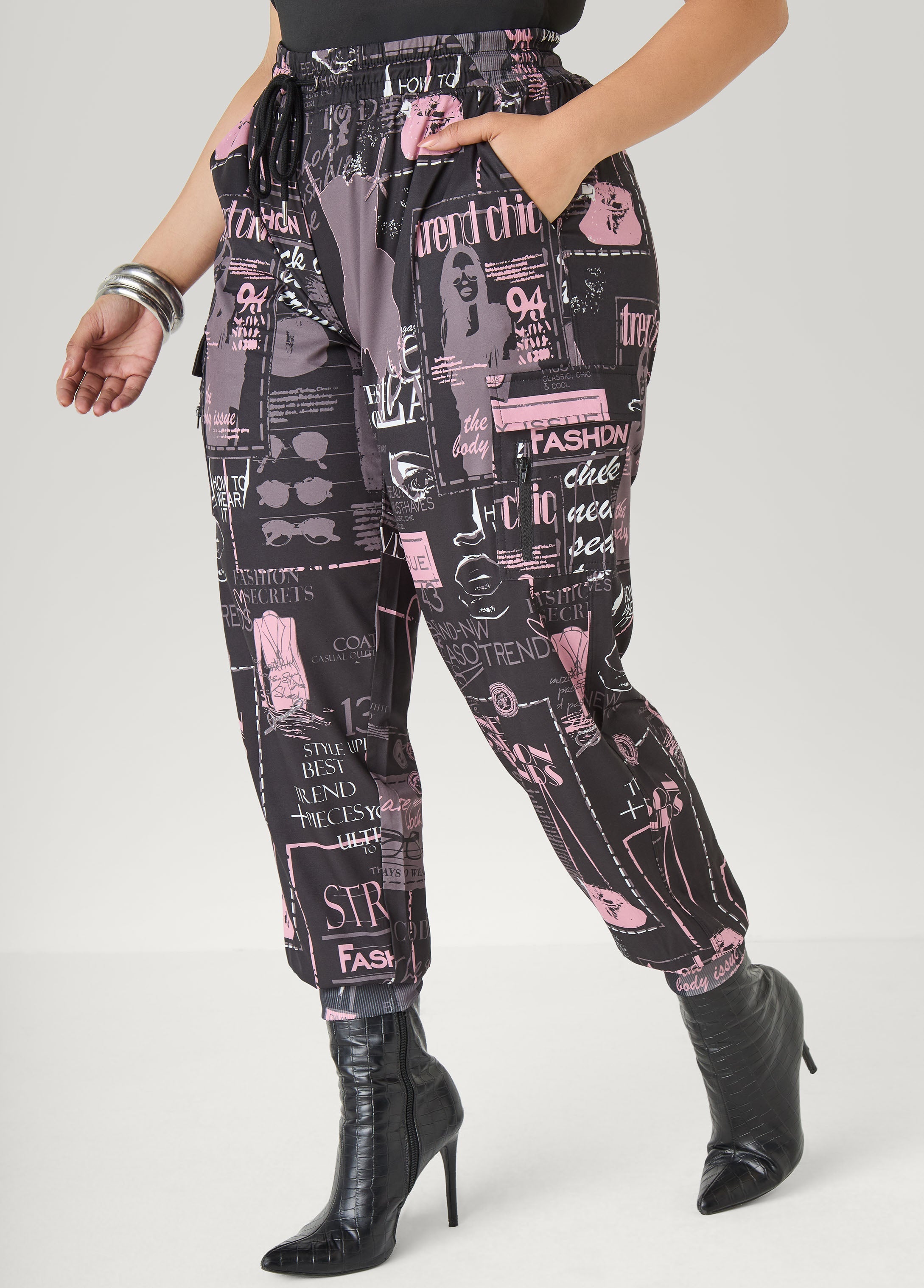 Newspaper Print Cargo Joggers Black Combo | Ashley Stewart