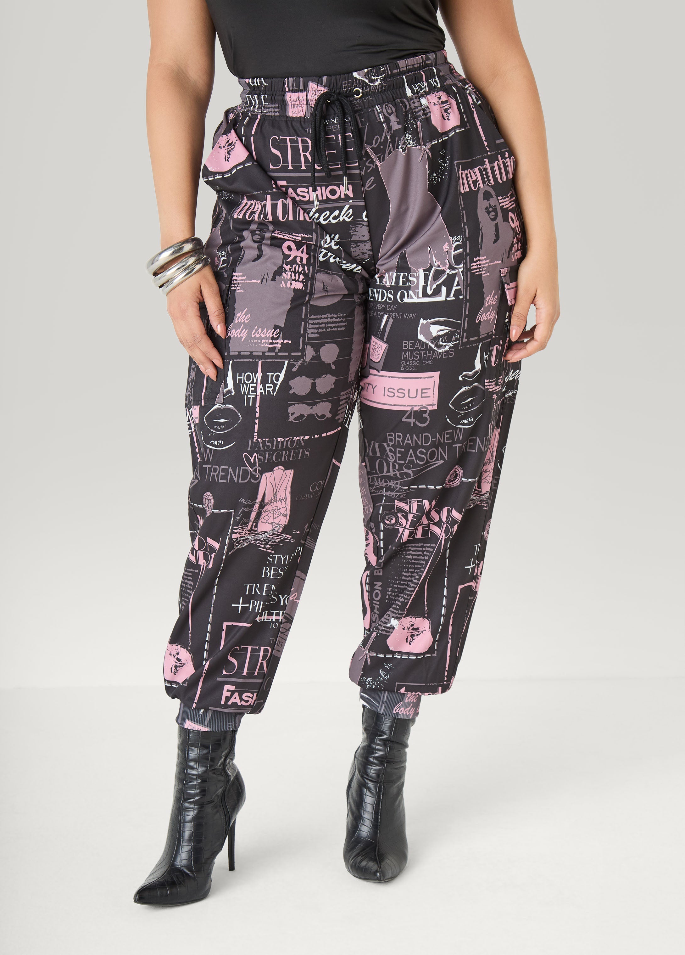 Newspaper Print Cargo Joggers Black Combo | Ashley Stewart